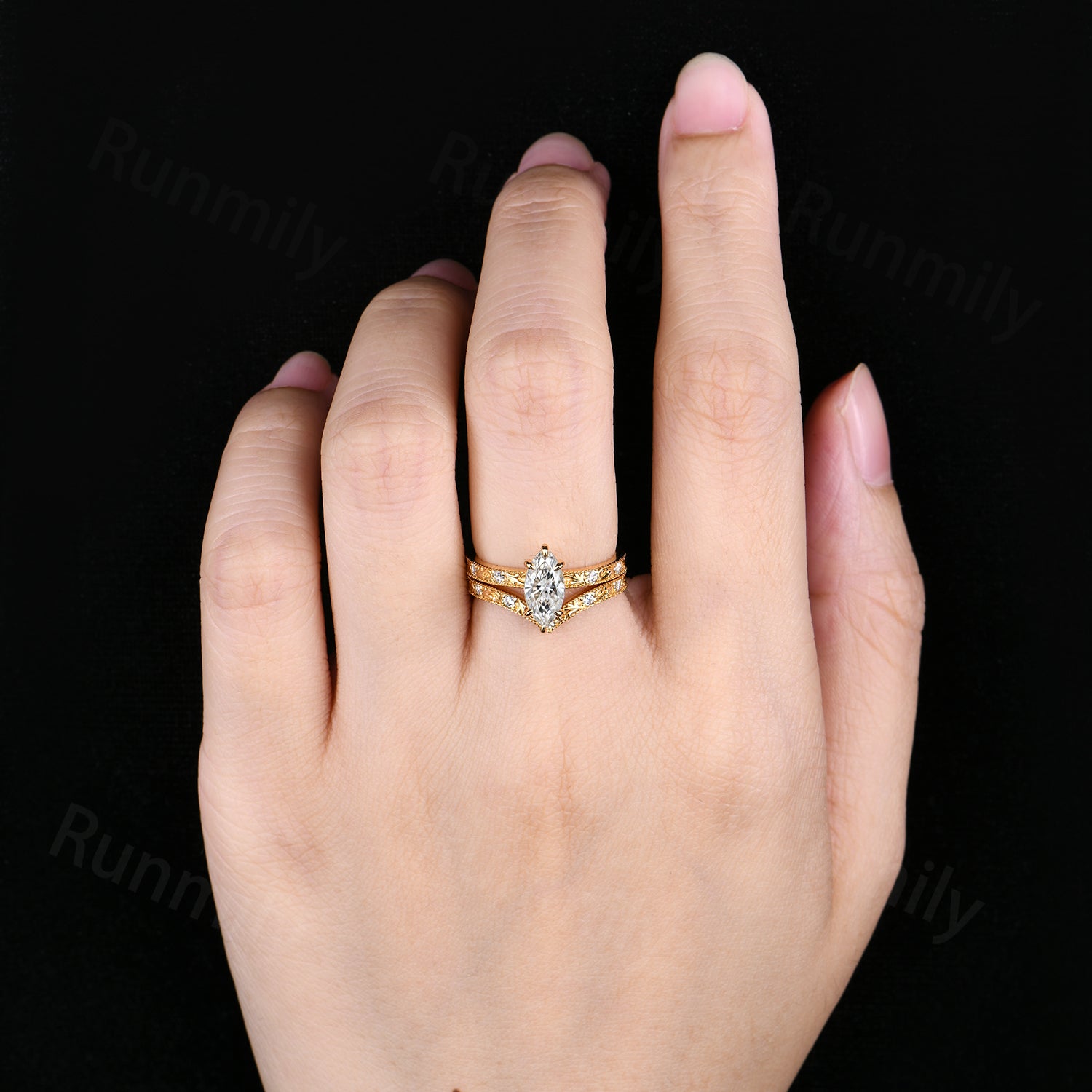 Marquise Cut Moissanite Engagement Ring Set Yellow Gold Art Deco Filigree Diamond Ring For Women Antique Stackable Anniversary Ring