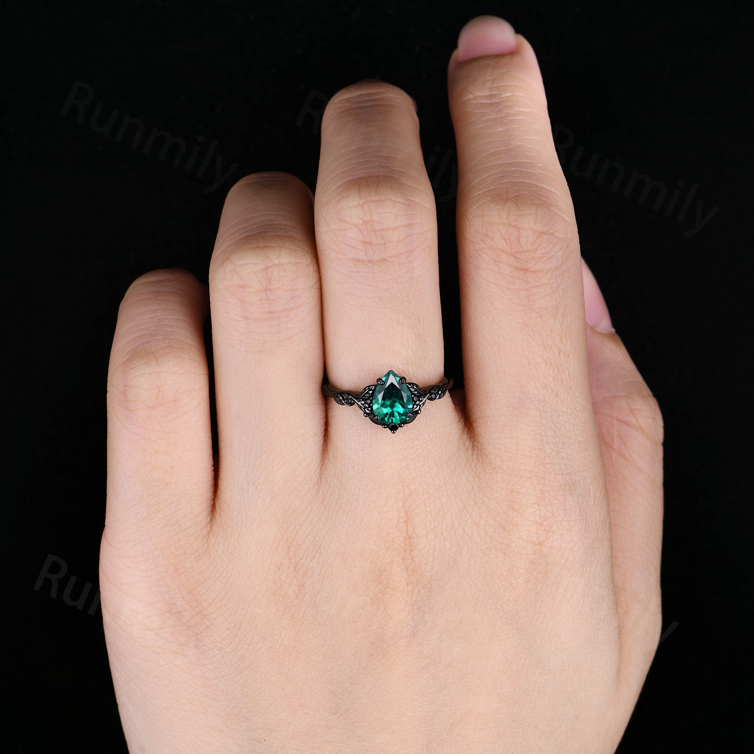 Vintage Pear Emerald Engagement Ring Branch Leaf Black Gold Promise Ring