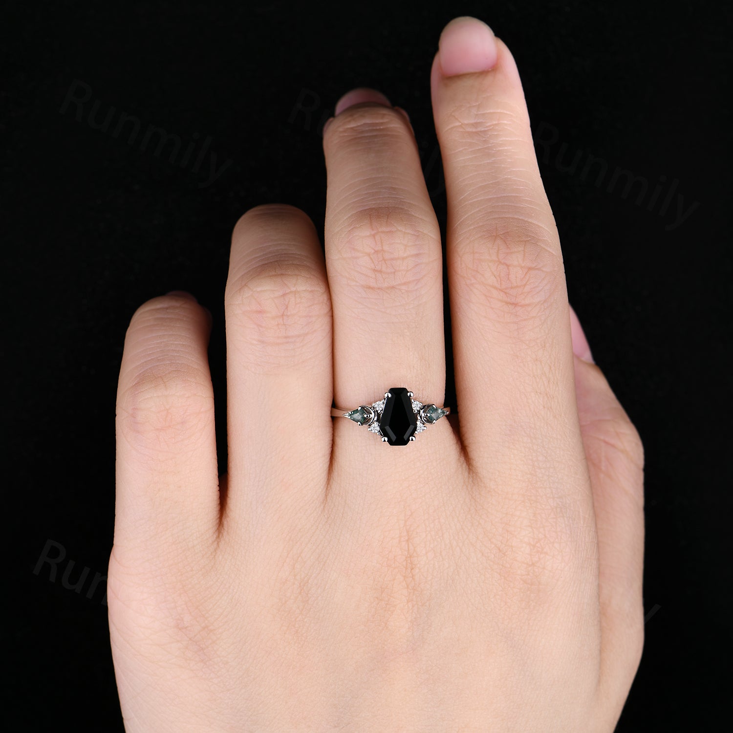 Unique Coffin Black Onyx Engagement Ring Cluster Kite Moss Agate Wedding Ring Sterling Silver Bridal Promise Ring