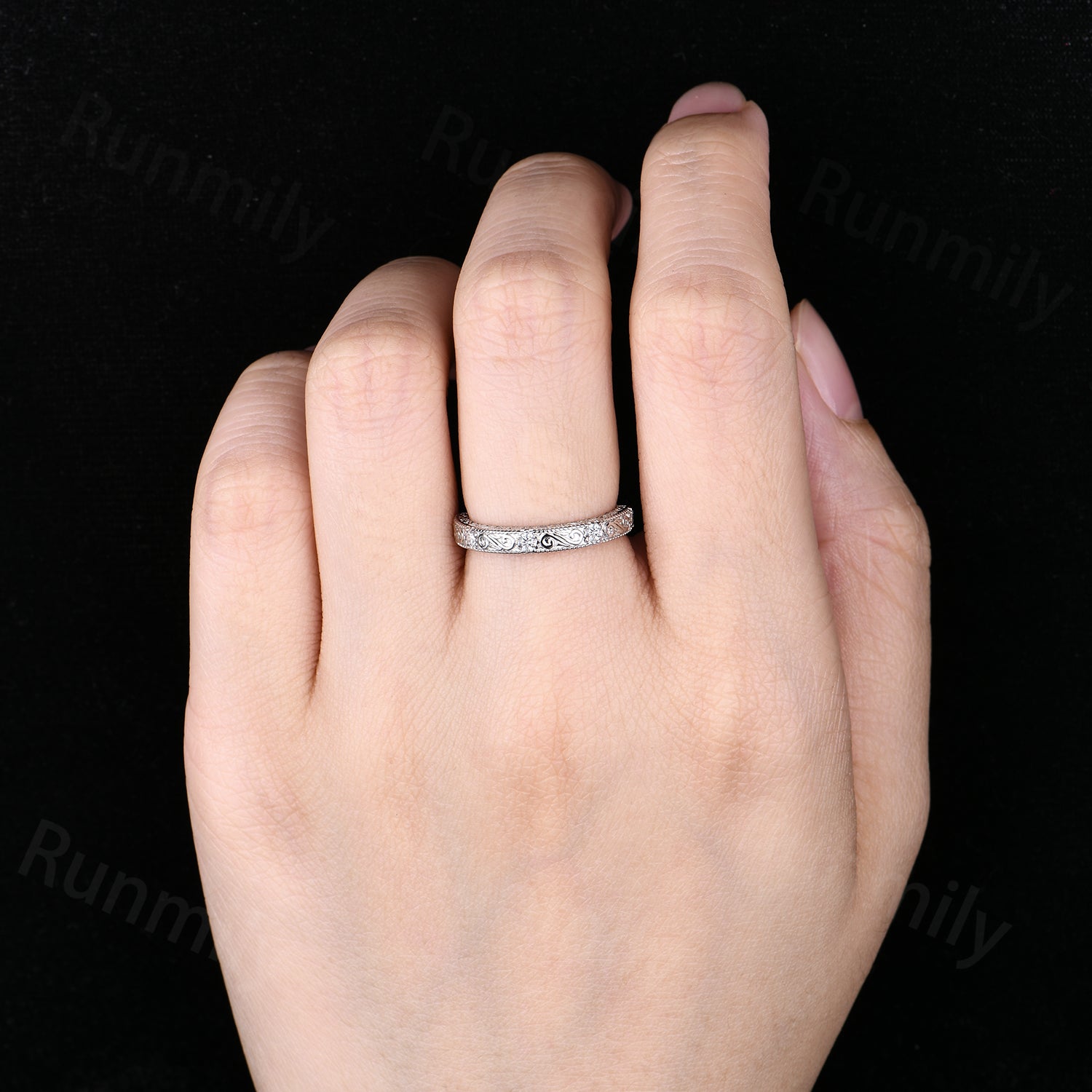 3mm Vintage Filigree Moissanite Wedding Band Unique Sterling Silver Stackable Ring Anniversary Art Deco 14K White Gold Wedding Band