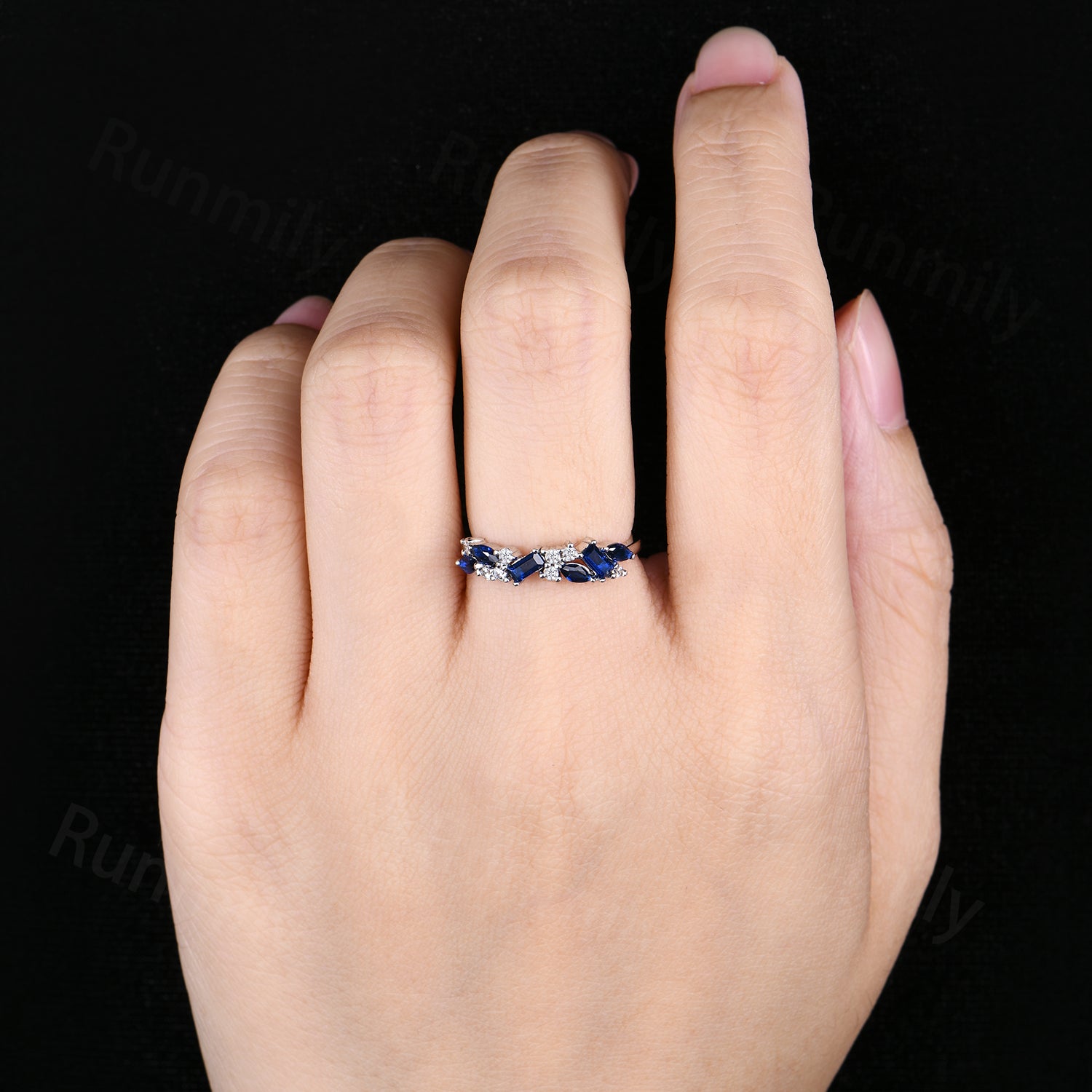 Art Deco Blue Sapphire Cluster Ring - Sterling Silver Half Eternity