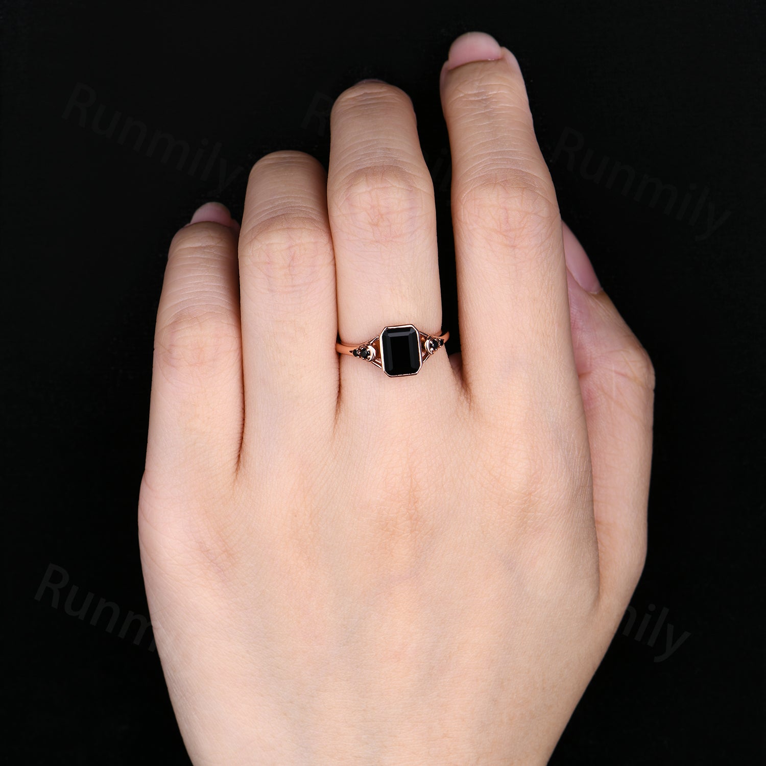 Emerald Cut Black Onyx Engagement Ring Vintage Unique Bezel Set Engagement Ring Moon Style Shank Ring Women Promise Ring Gift