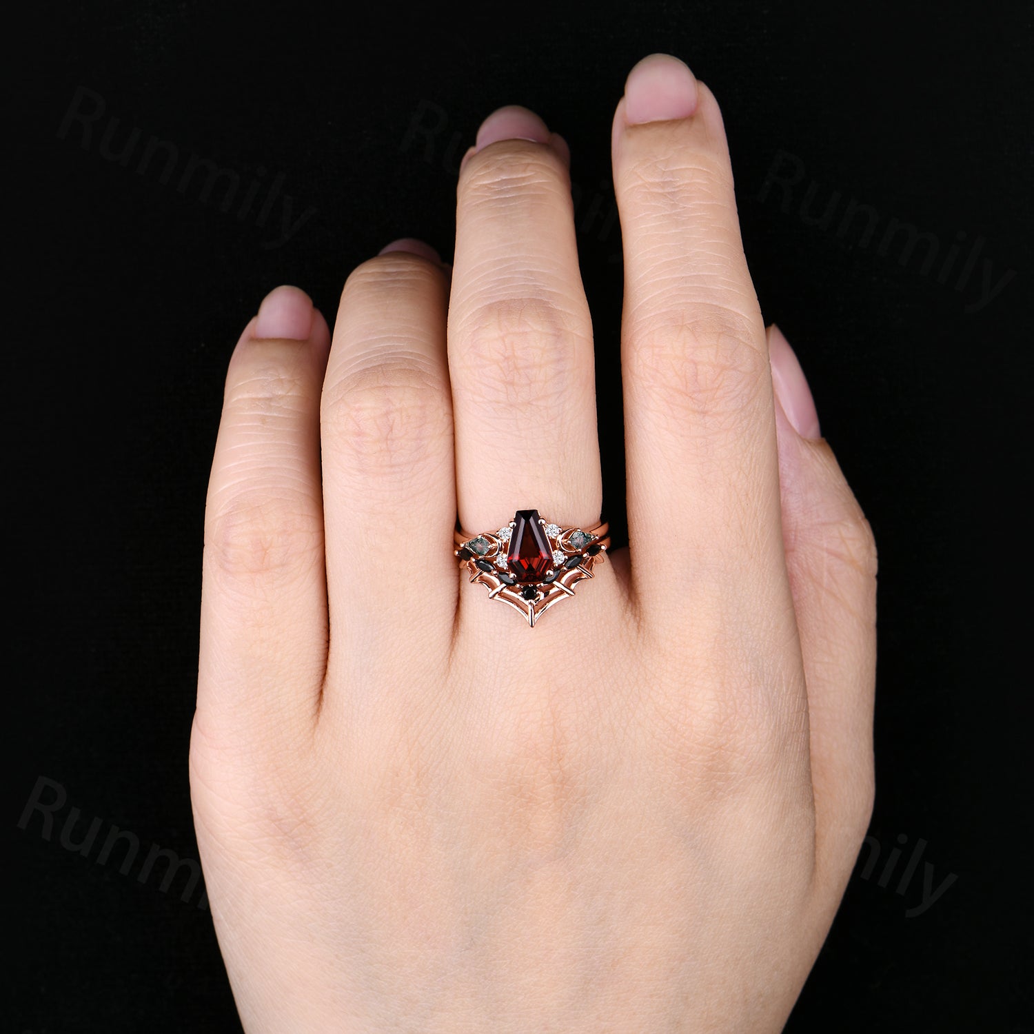 Spider Web Coffin Garnet Engagement Ring Set Gothic Black Spinel Wedding Ring Witchy Jewelry For Women Unique Promise Anniversary Ring