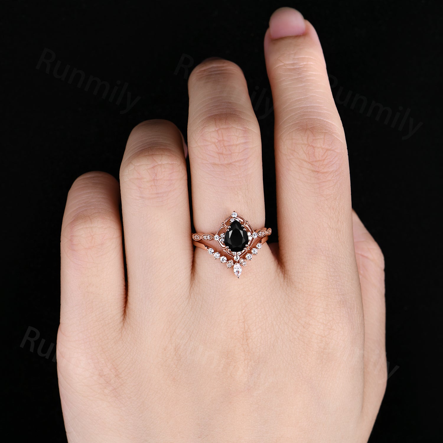 Vintage Art Deco Black Onyx Engagement Ring Set, Curved Moissanite Wedding Band
