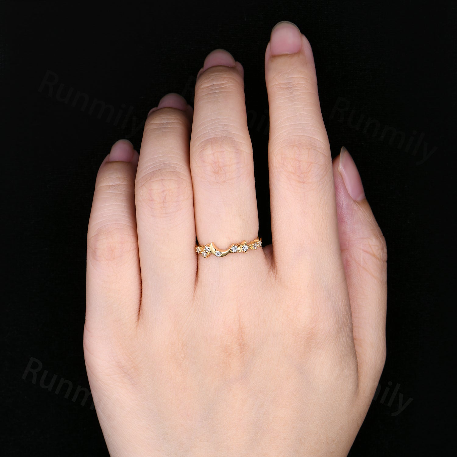 Dainty Moissanite Wedding Band Moon Star Band Solid Yellow Gold Art Deco Stacking Band Anniversary Ring Celestial Ring