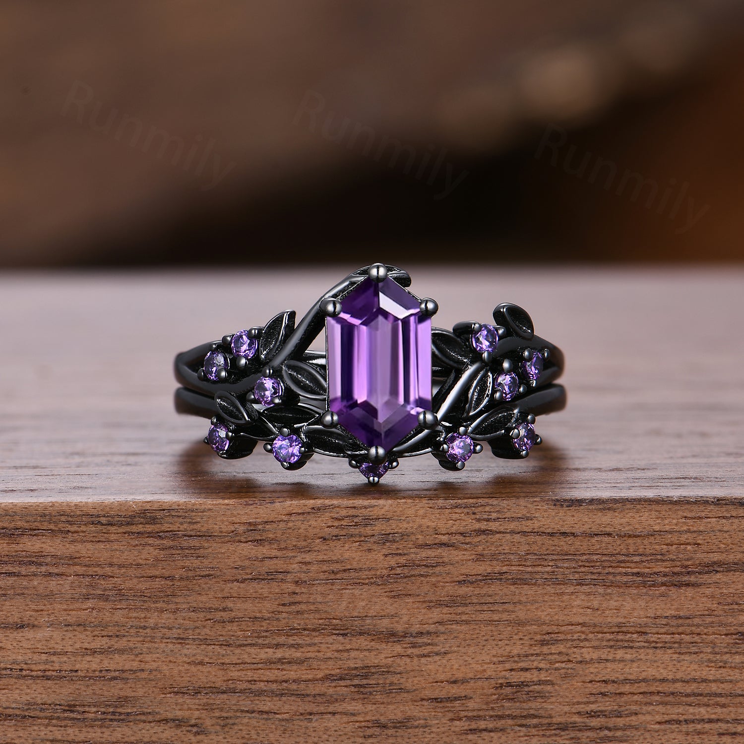 Black Gold Amethyst Couples Ring Set: Nature Leaf Amethyst Bridal Ring Set, Mens Tungsten Band