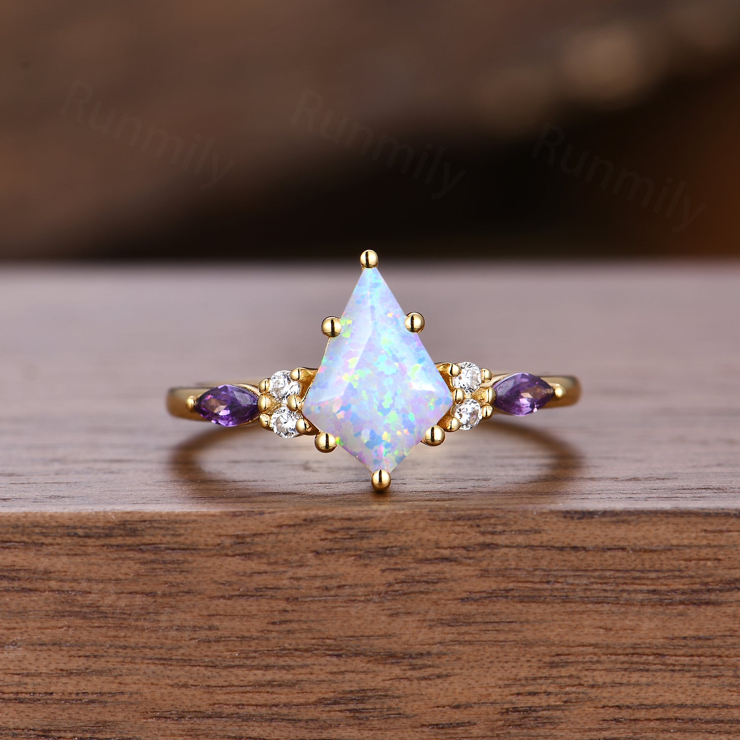 Vintage Opal engagement ring set kite cut ring yellow gold art deco marquise cut amethyst ring moissanite wedding ring set for women