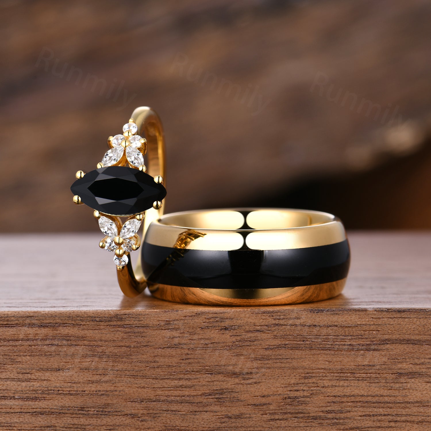 Unique Black Onyx Couples Ring Set - His and Hers Yellow Gold Matching Rings - Vintage Promise Wedding Ring - Mens Tungsten Ring