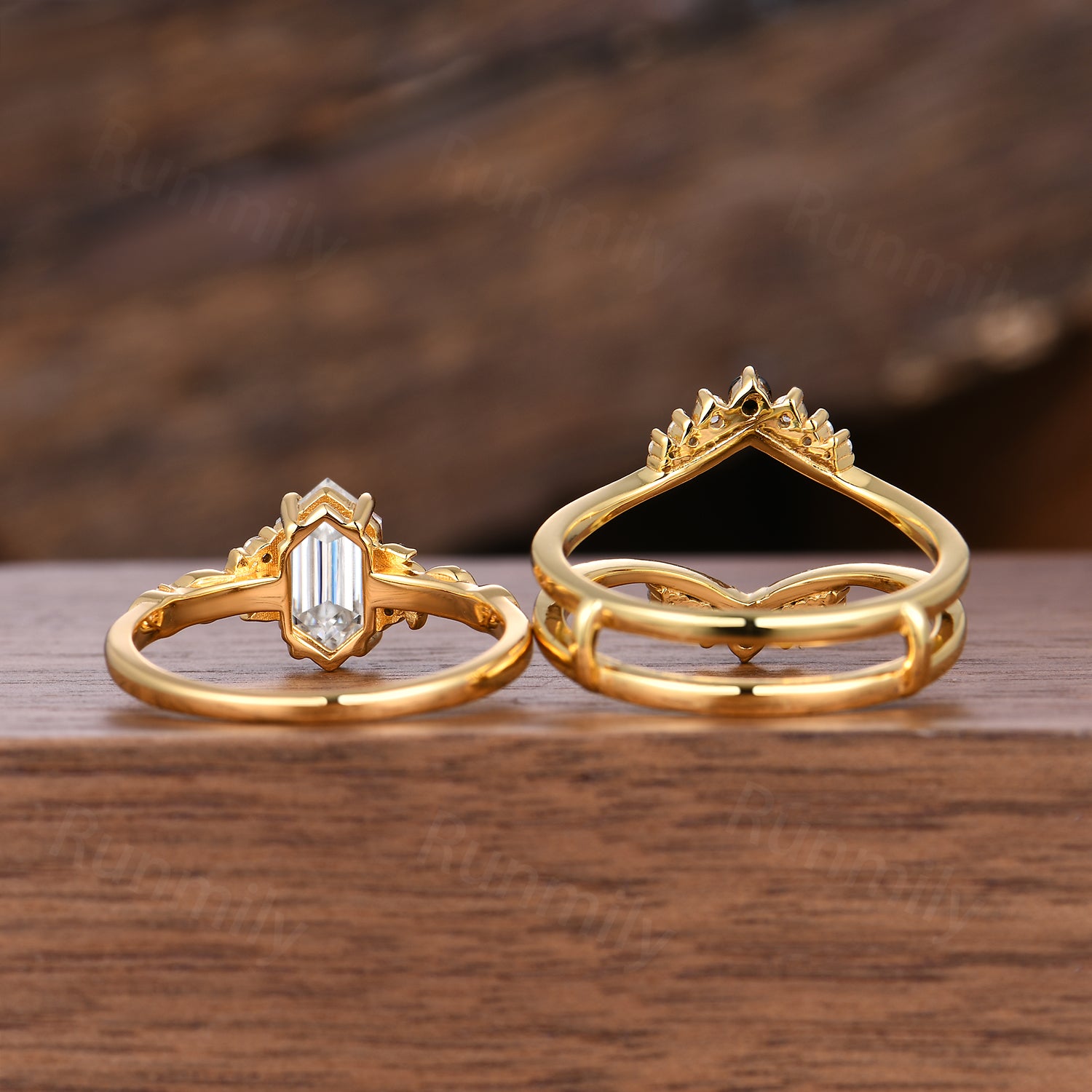 Hexagon Cut Moissanite Engagement Ring Set Unique Yellow Gold Bridal Ring Set Diamond Cluster Wedding Stacking Band Promise ring set