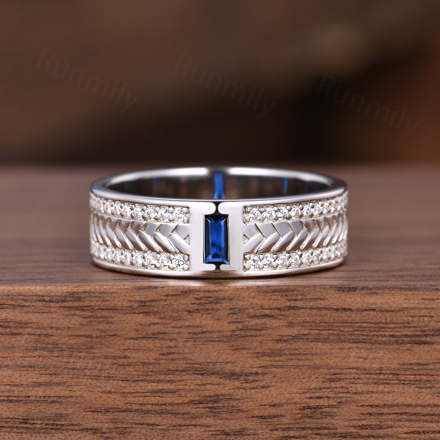 Men's 6mm Blue Sapphire Wedding Band Unique Braided Stackable Matching Band 14K White Gold Moissanite Mens Band Anniversary Gift For Husband