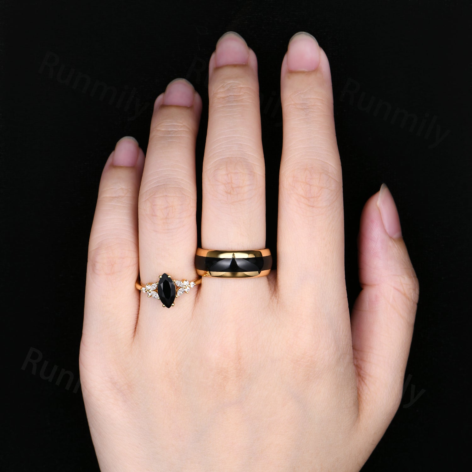 Unique Black Onyx Couples Ring Set - His and Hers Yellow Gold Matching Rings - Vintage Promise Wedding Ring - Mens Tungsten Ring