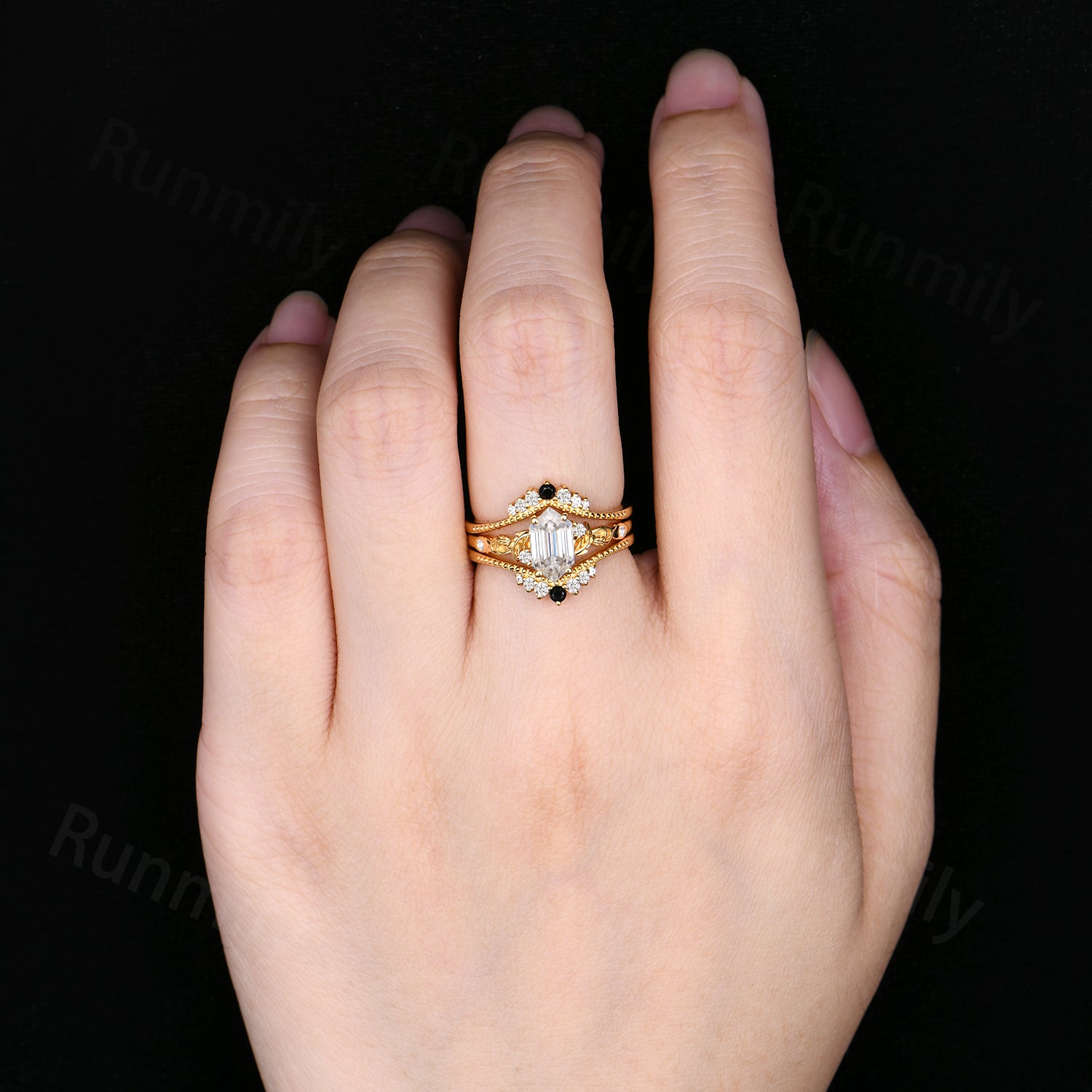Hexagon Cut Moissanite Engagement Ring Set Unique Yellow Gold Bridal Ring Set Diamond Cluster Wedding Stacking Band Promise ring set