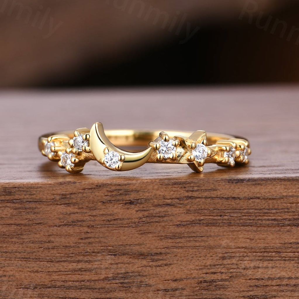 Dainty Moissanite Wedding Band Moon Star Band Solid Yellow Gold Art Deco Stacking Band Anniversary Ring Celestial Ring