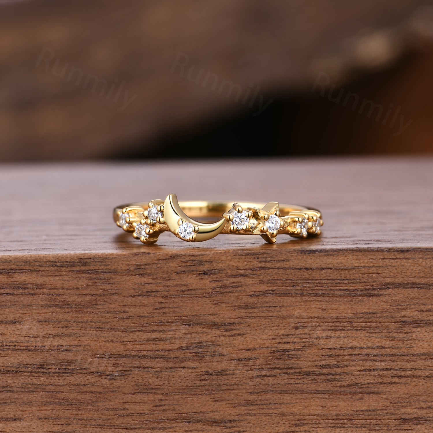Dainty Moissanite Wedding Band Moon Star Band Solid Yellow Gold Art Deco Stacking Band Anniversary Ring Celestial Ring