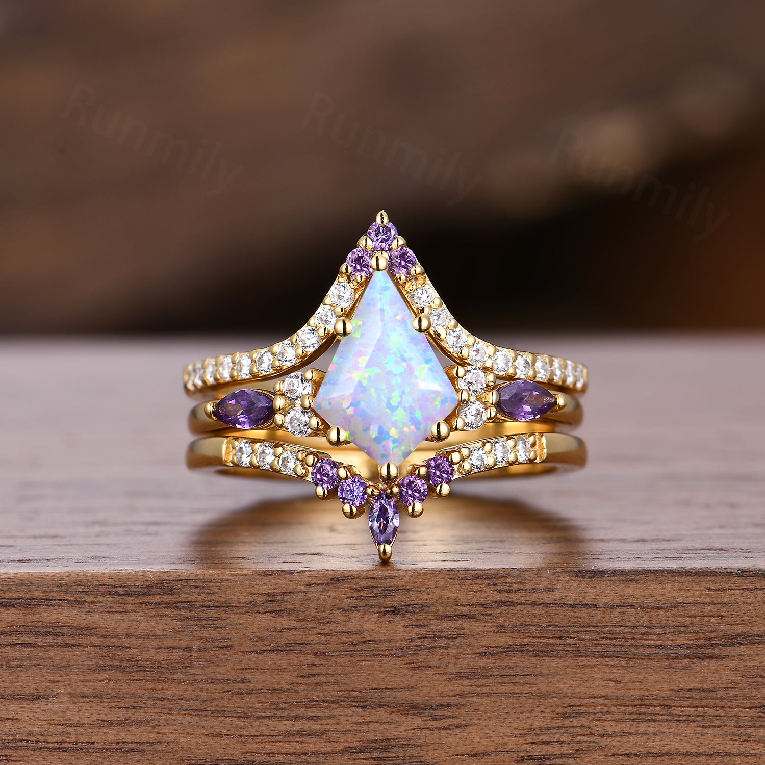 Vintage Opal engagement ring set kite cut ring yellow gold art deco marquise cut amethyst ring moissanite wedding ring set for women