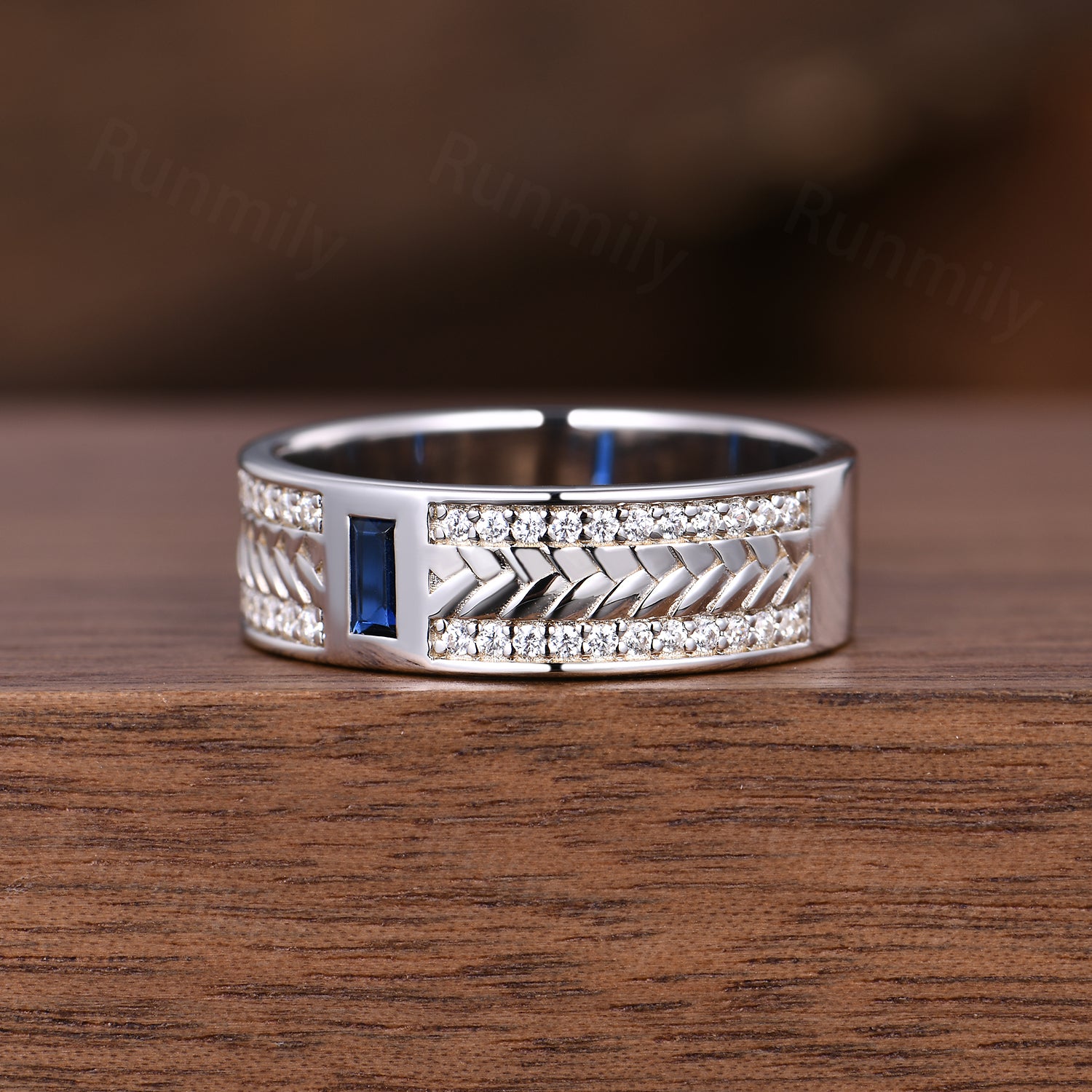 Men's 6mm Blue Sapphire Wedding Band Unique Braided Stackable Matching Band 14K White Gold Moissanite Mens Band Anniversary Gift For Husband