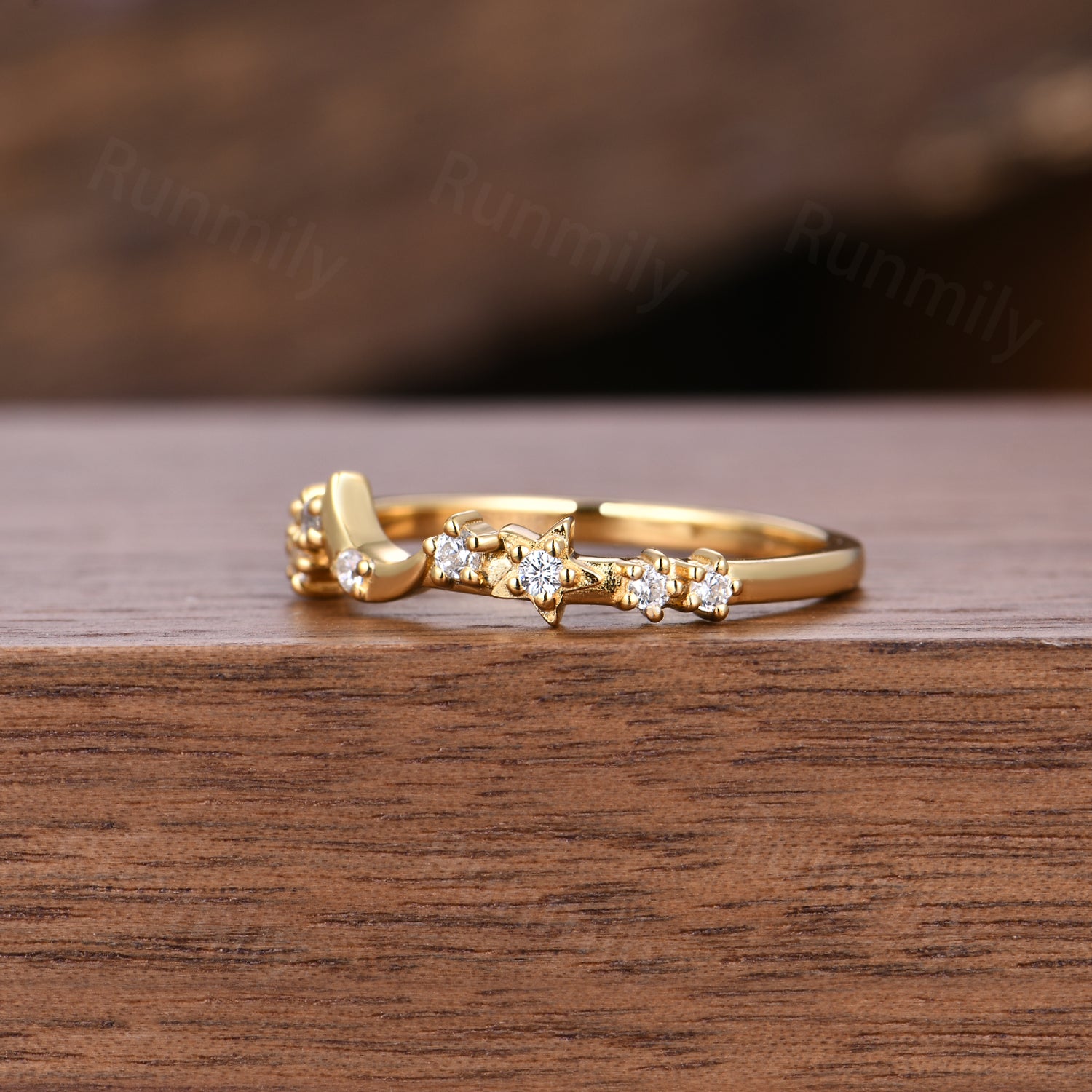 Dainty Moissanite Wedding Band Moon Star Band Solid Yellow Gold Art Deco Stacking Band Anniversary Ring Celestial Ring