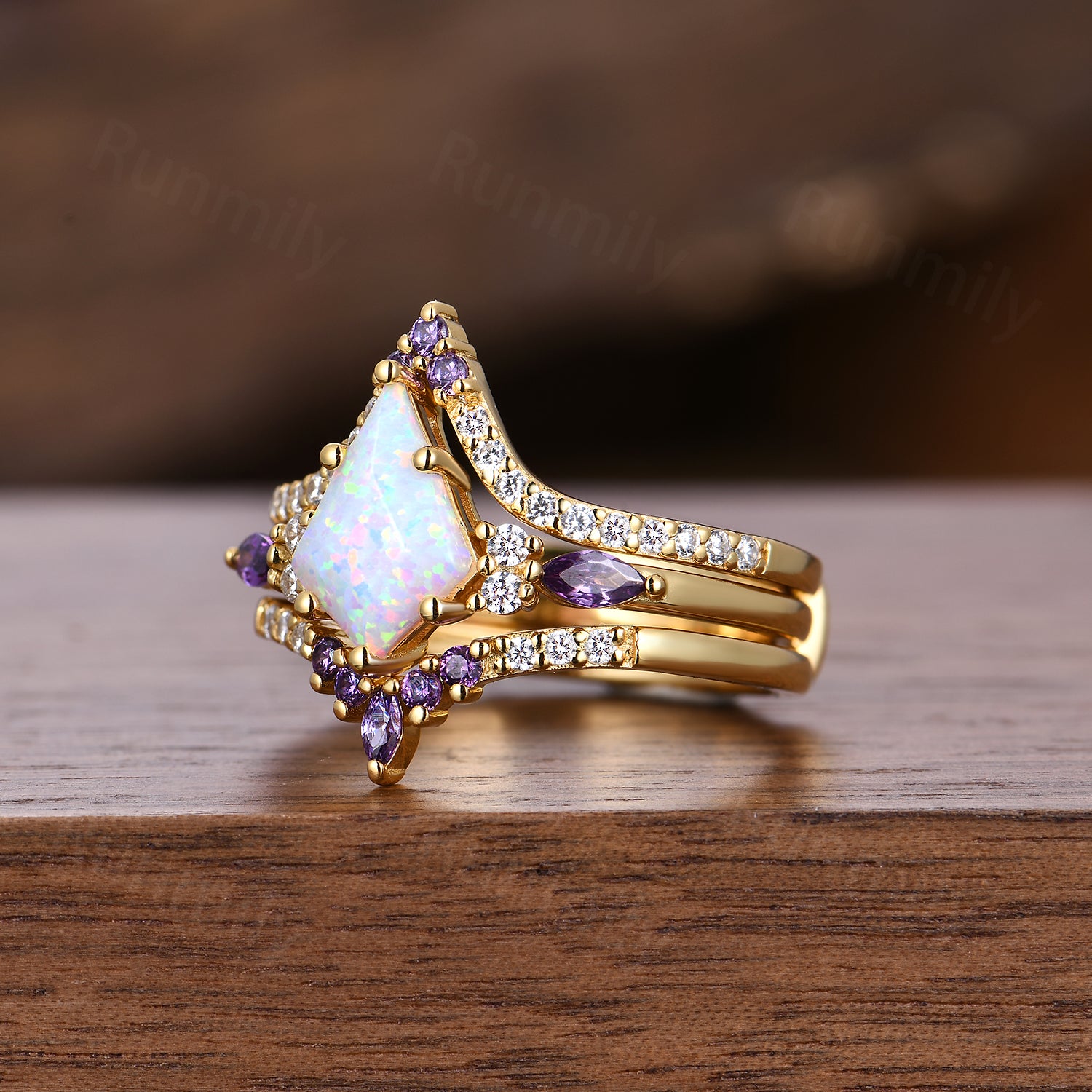 Vintage Opal engagement ring set kite cut ring yellow gold art deco marquise cut amethyst ring moissanite wedding ring set for women