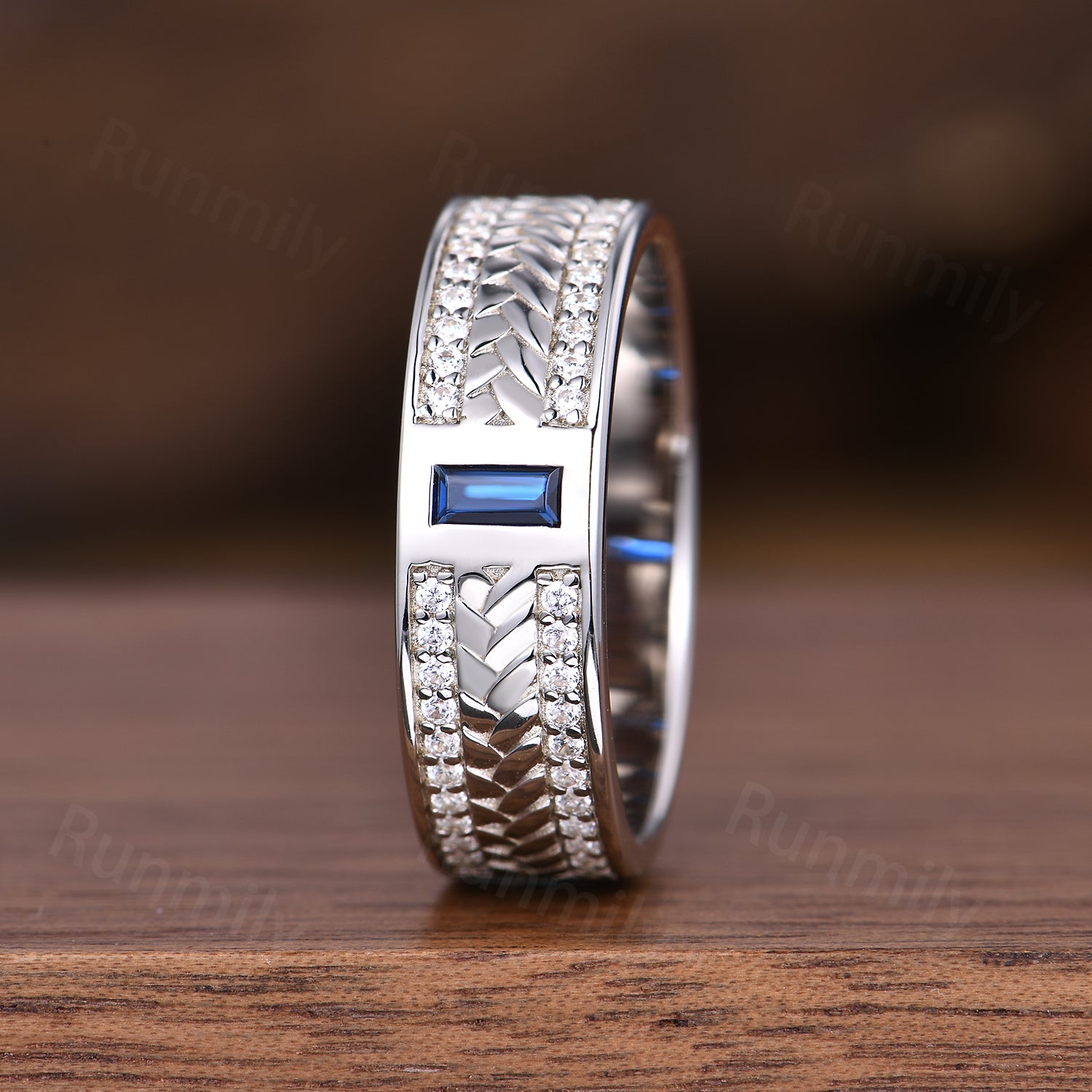 Men's 6mm Blue Sapphire Wedding Band Unique Braided Stackable Matching Band 14K White Gold Moissanite Mens Band Anniversary Gift For Husband
