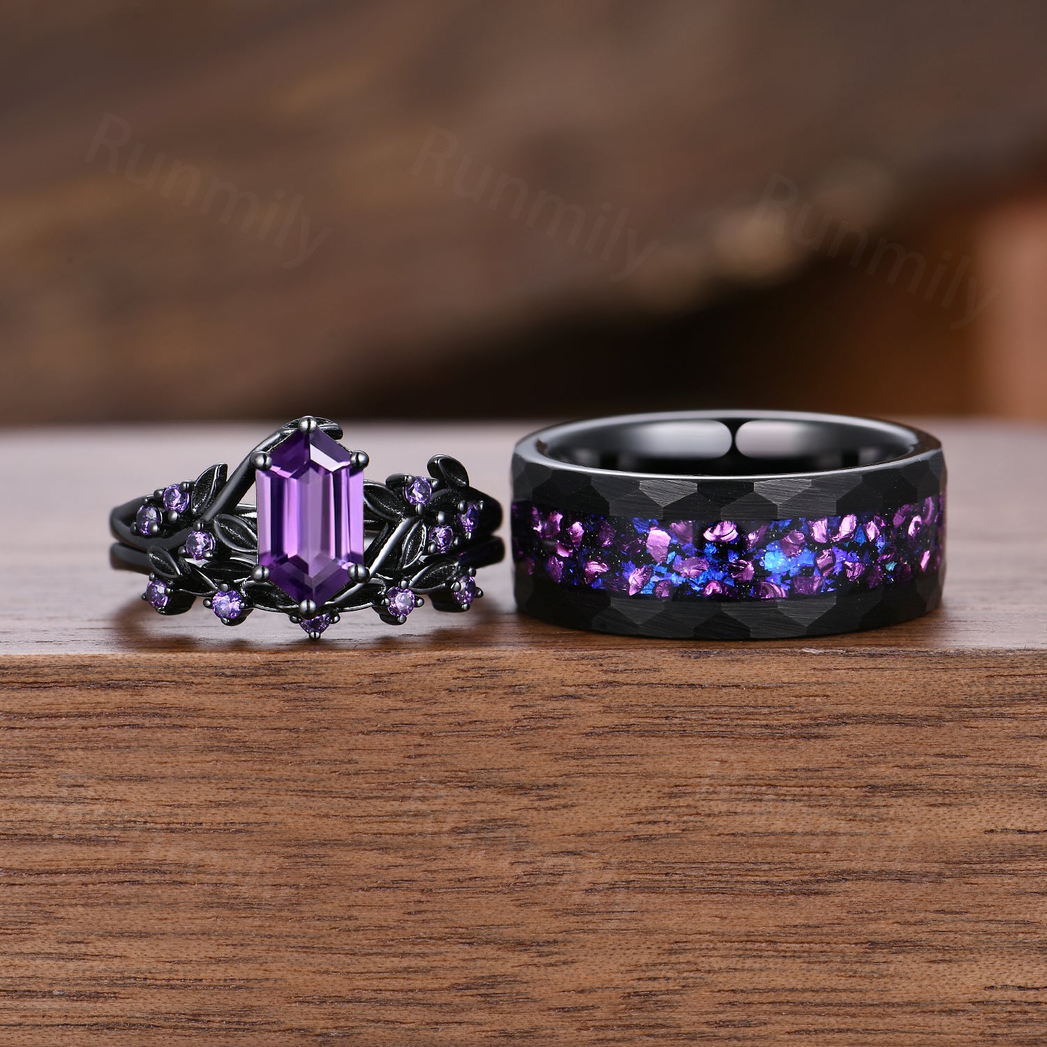 Black Gold Amethyst Couples Ring Set: Nature Leaf Amethyst Bridal Ring Set, Mens Tungsten Band