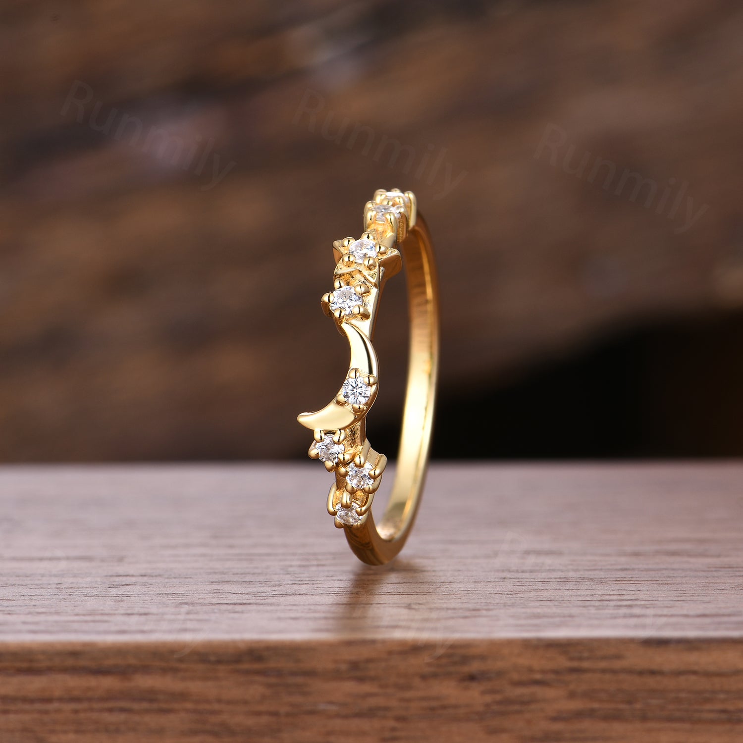 Dainty Moissanite Wedding Band Moon Star Band Solid Yellow Gold Art Deco Stacking Band Anniversary Ring Celestial Ring