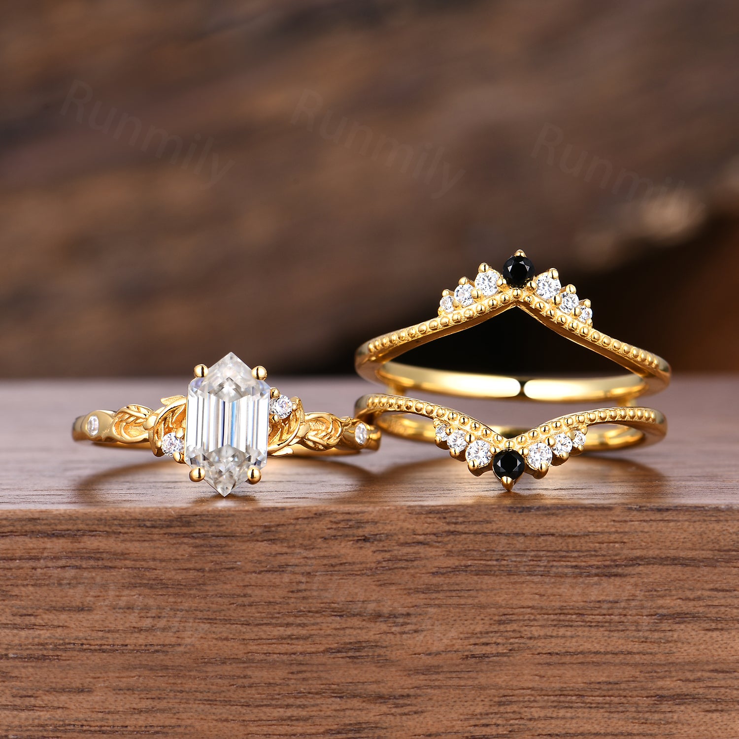Hexagon Cut Moissanite Engagement Ring Set Unique Yellow Gold Bridal Ring Set Diamond Cluster Wedding Stacking Band Promise ring set