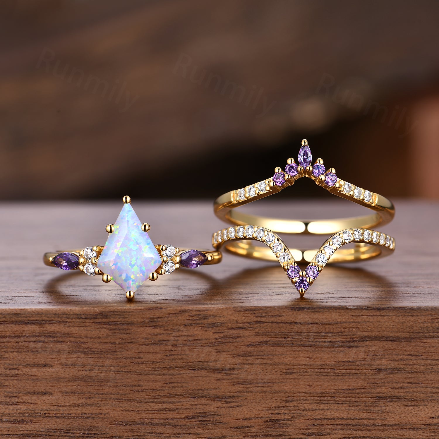 Vintage Opal engagement ring set kite cut ring yellow gold art deco marquise cut amethyst ring moissanite wedding ring set for women