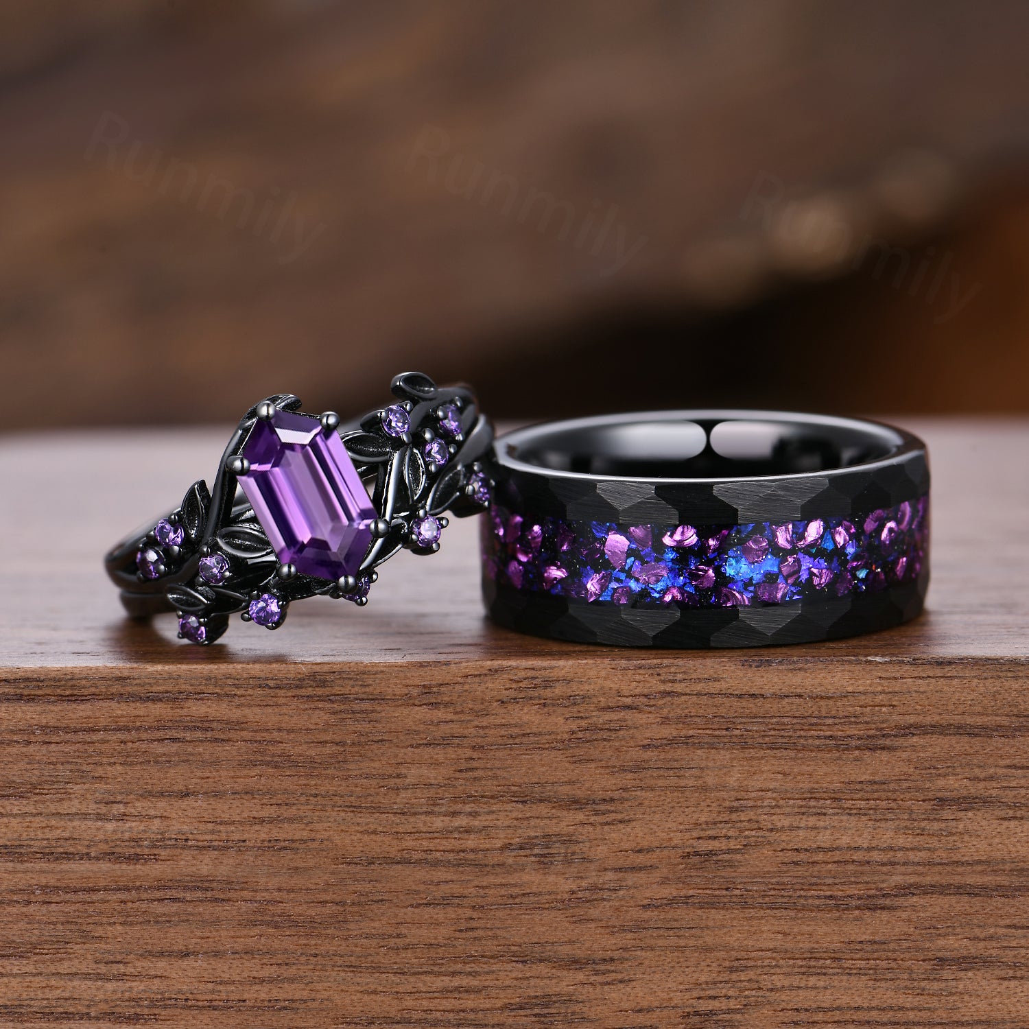 Black Gold Amethyst Couples Ring Set: Nature Leaf Amethyst Bridal Ring Set, Mens Tungsten Band