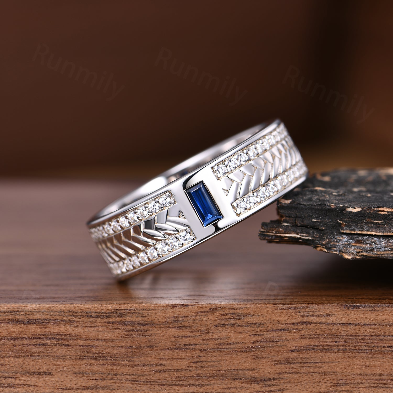Men's 6mm Blue Sapphire Wedding Band Unique Braided Stackable Matching Band 14K White Gold Moissanite Mens Band Anniversary Gift For Husband