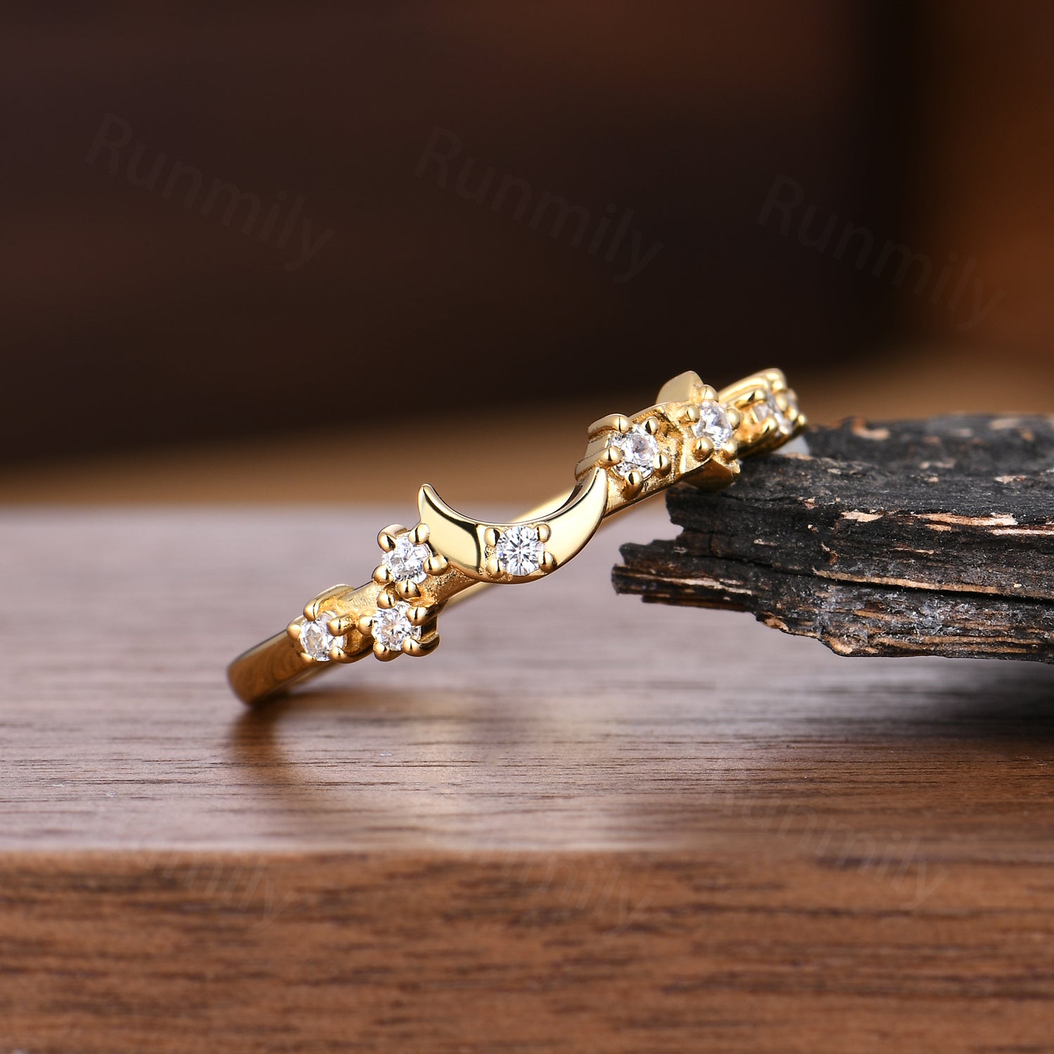 Dainty Moissanite Wedding Band Moon Star Band Solid Yellow Gold Art Deco Stacking Band Anniversary Ring Celestial Ring