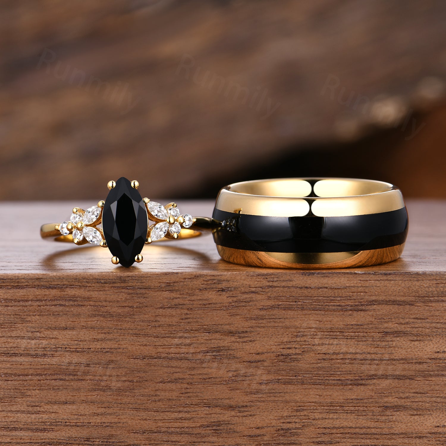 Unique Black Onyx Couples Ring Set - His and Hers Yellow Gold Matching Rings - Vintage Promise Wedding Ring - Mens Tungsten Ring