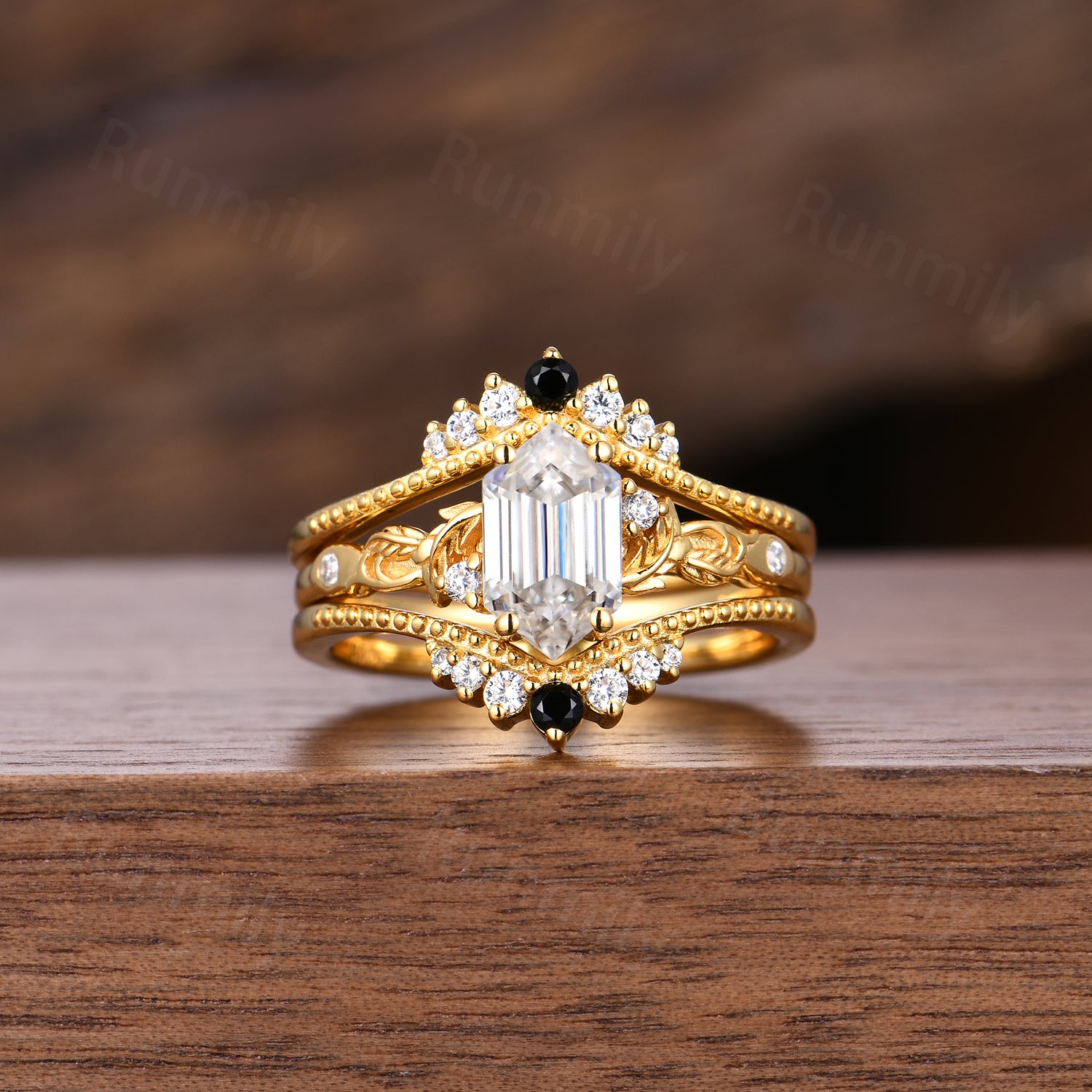 Hexagon Cut Moissanite Engagement Ring Set Unique Yellow Gold Bridal Ring Set Diamond Cluster Wedding Stacking Band Promise ring set