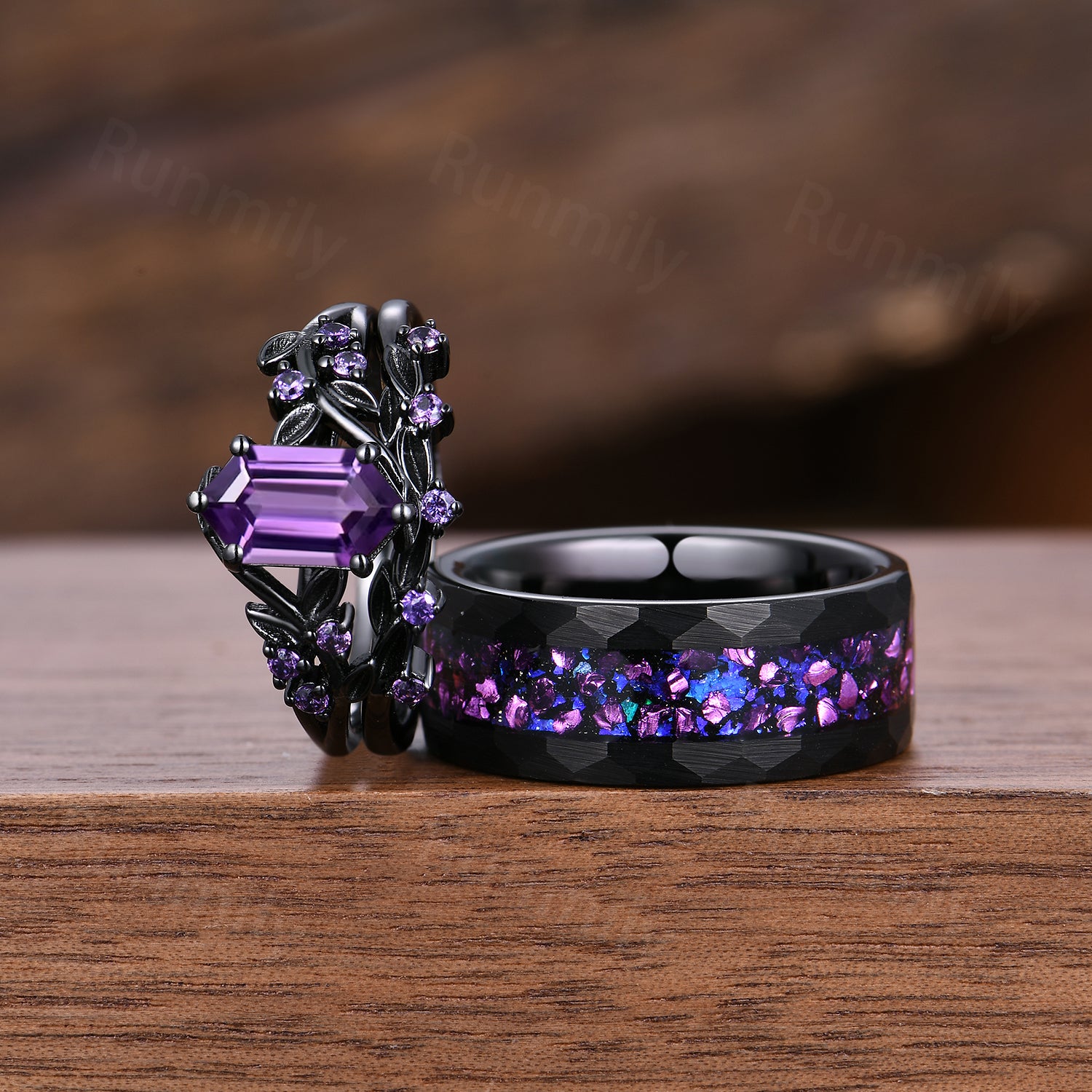 Black Gold Amethyst Couples Ring Set: Nature Leaf Amethyst Bridal Ring Set, Mens Tungsten Band