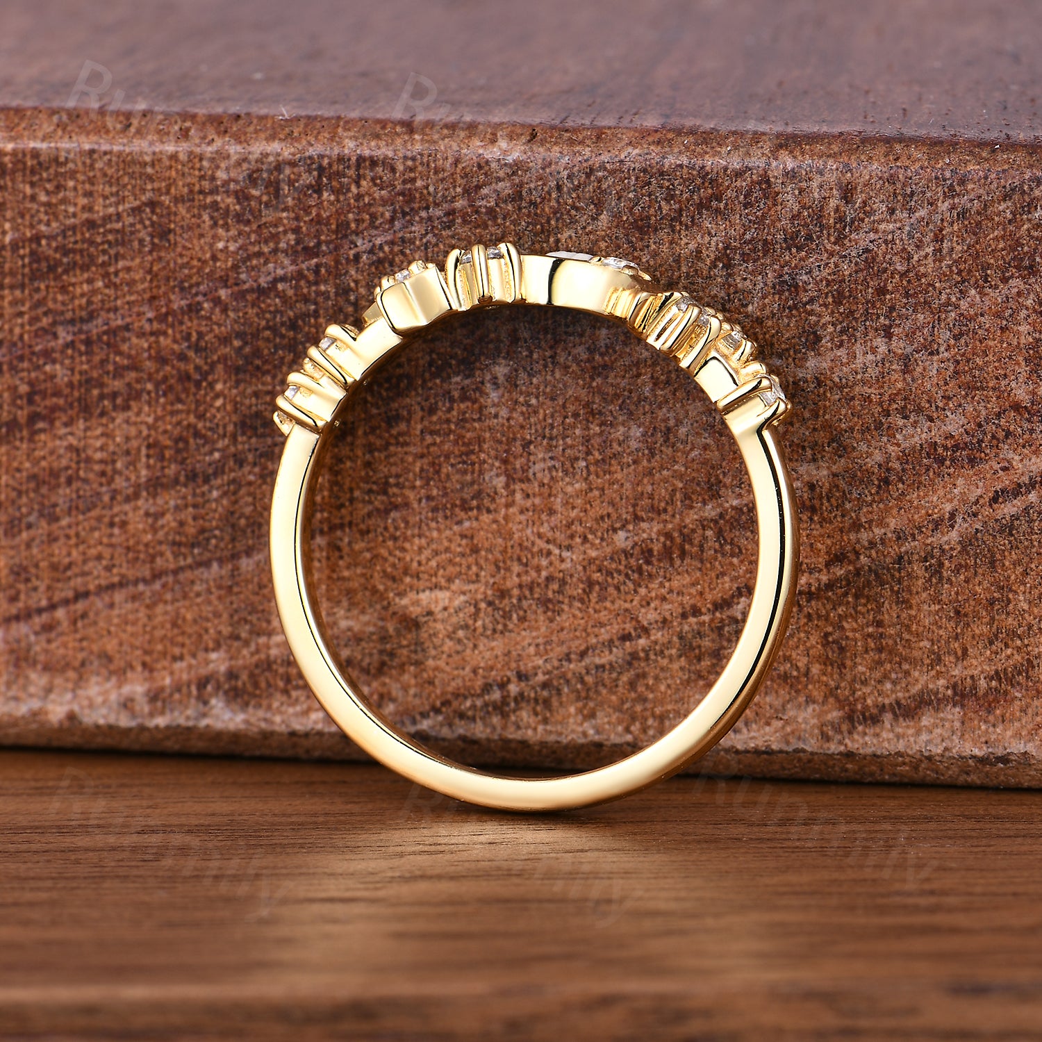 Dainty Moissanite Wedding Band Moon Star Band Solid Yellow Gold Art Deco Stacking Band Anniversary Ring Celestial Ring