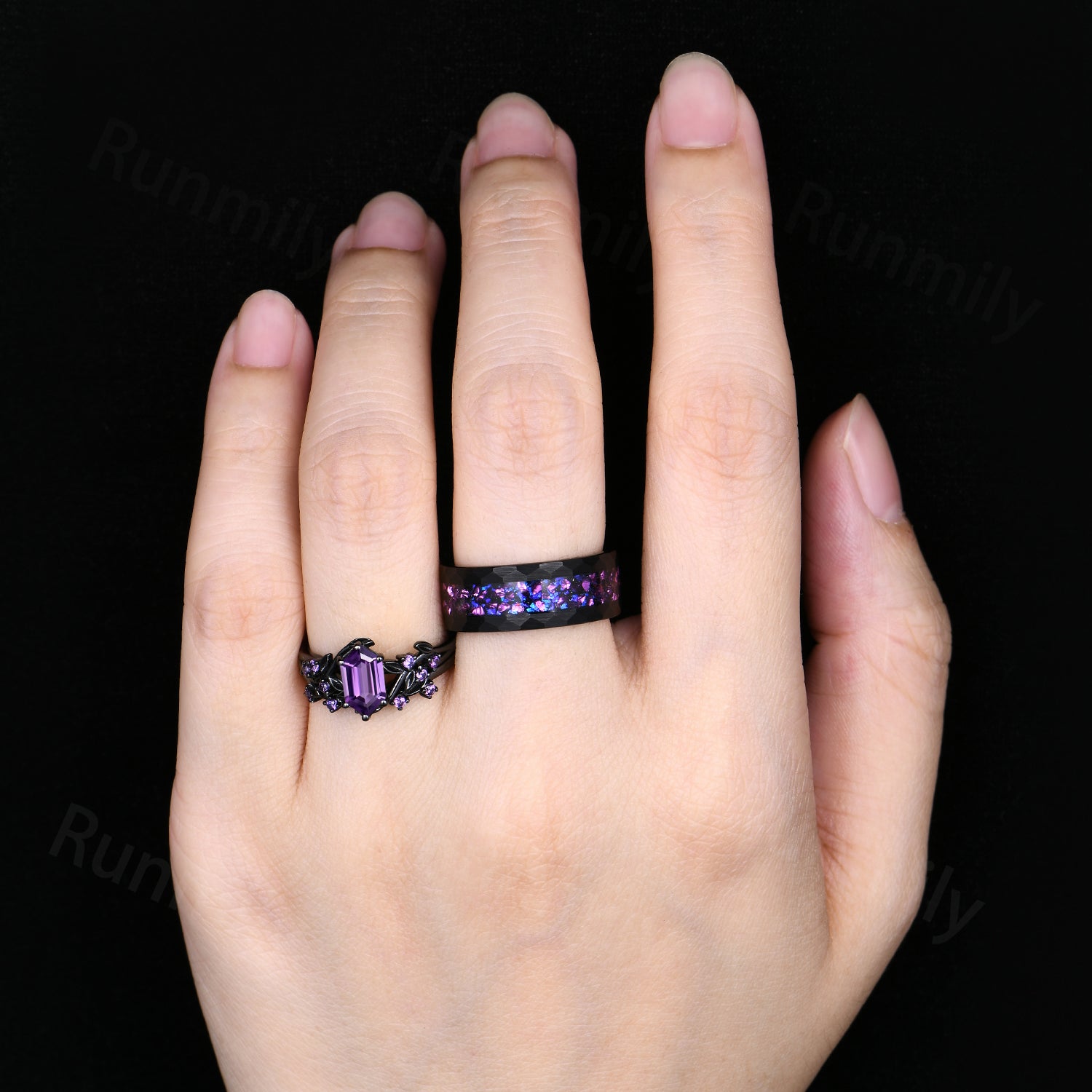Black Gold Amethyst Couples Ring Set: Nature Leaf Amethyst Bridal Ring Set, Mens Tungsten Band