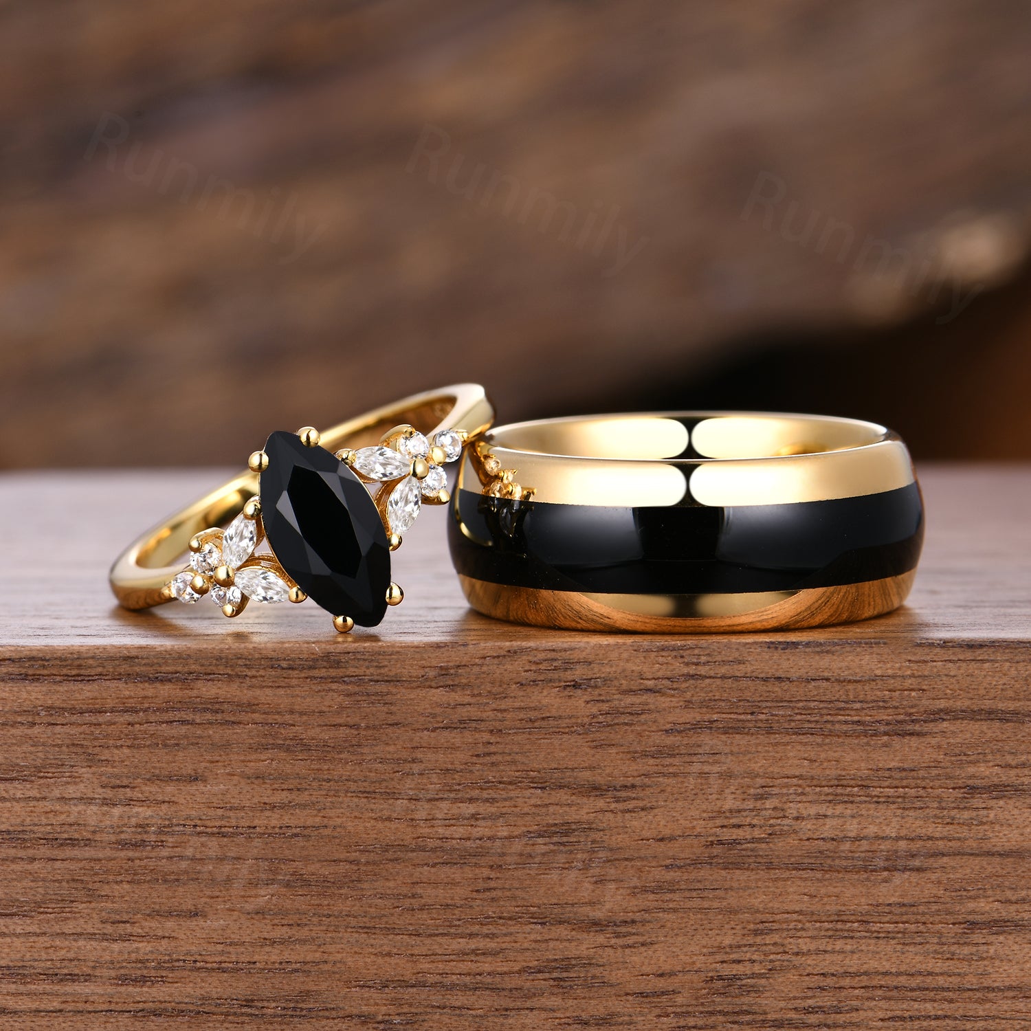 Unique Black Onyx Couples Ring Set - His and Hers Yellow Gold Matching Rings - Vintage Promise Wedding Ring - Mens Tungsten Ring