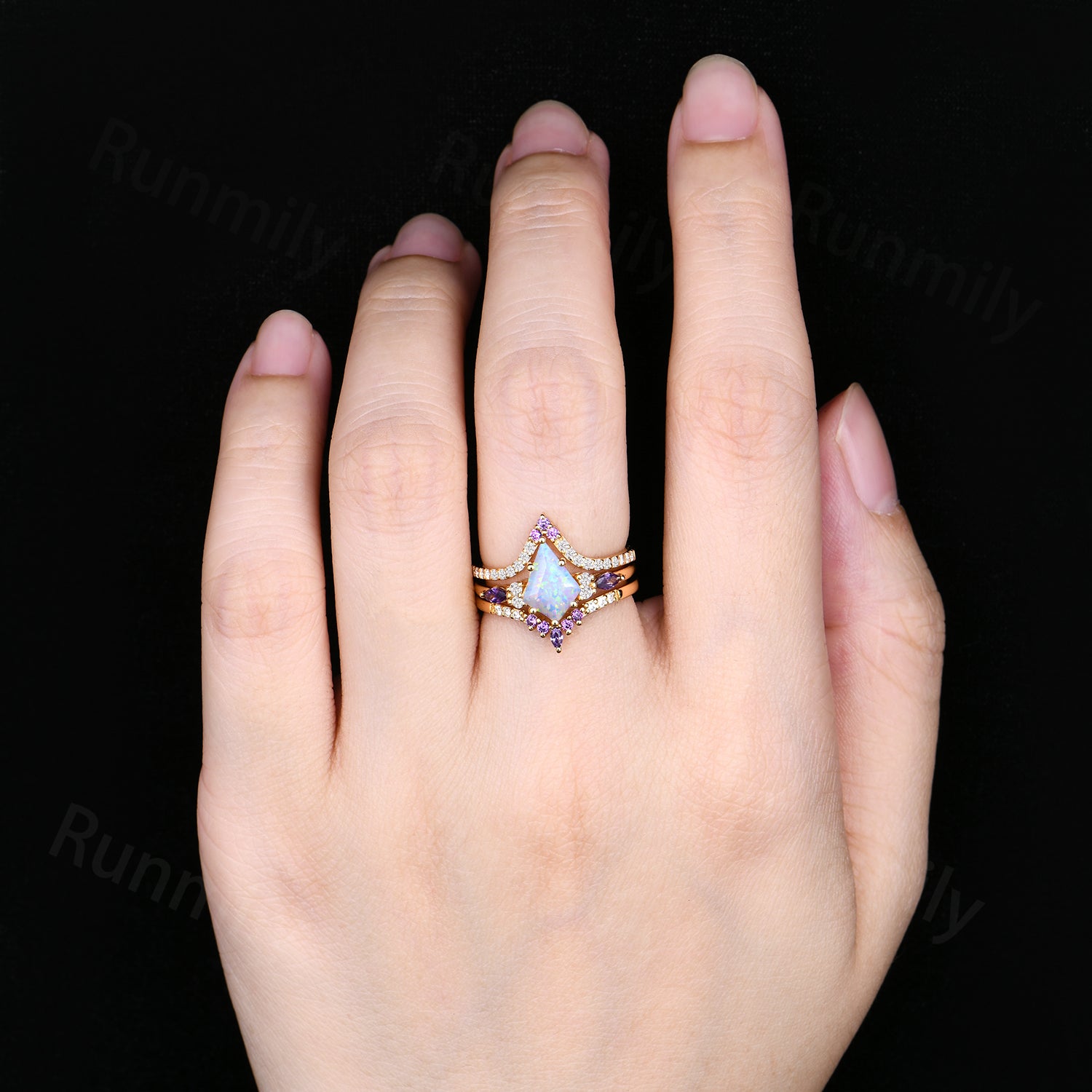 Vintage Opal engagement ring set kite cut ring yellow gold art deco marquise cut amethyst ring moissanite wedding ring set for women