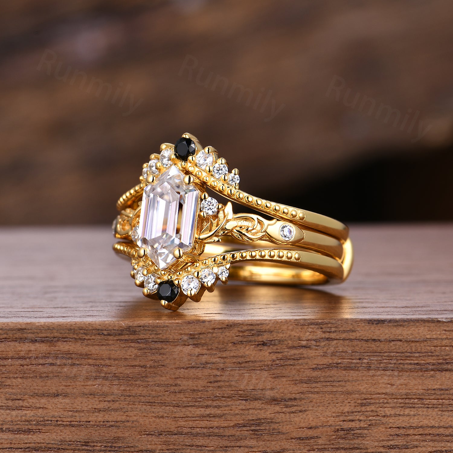 Hexagon Cut Moissanite Engagement Ring Set Unique Yellow Gold Bridal Ring Set Diamond Cluster Wedding Stacking Band Promise ring set