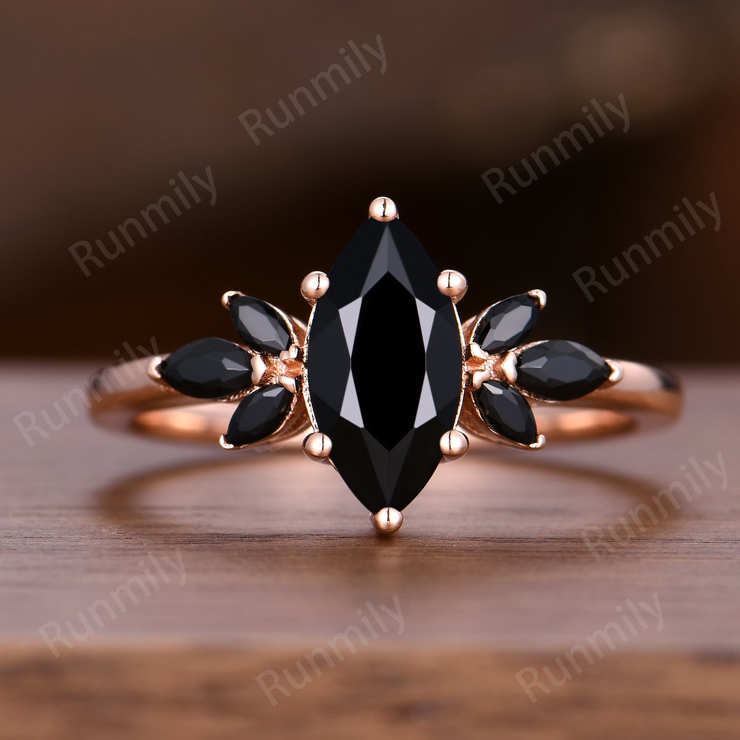 Marquise Cut Black Onyx Engagement Ring Rose Gold Ring Unique Black Onyx Cluster Wedding Ring For Women Marquise Black Spinel Wedding Ring Vintage Black Gemstone Promise Ring