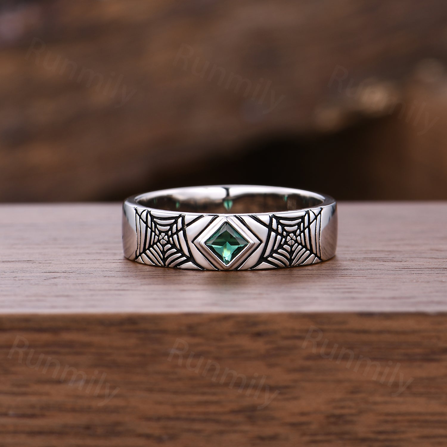 Vintage Spider Web Mens Engagement Ring Princess cut Emerald Wedding Band Gothic Wedding Ring For Husband/ Mens Platinum Ring