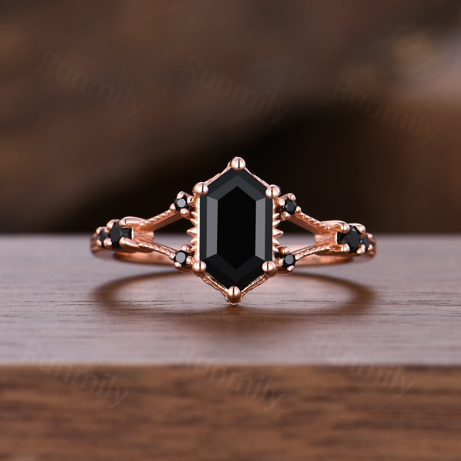 Unique Black Onyx Engagement Ring Set For Women Elongated Hexagon Gemstone In Rose Gold Art Deco Double Curved Bridal Promise Ring Set