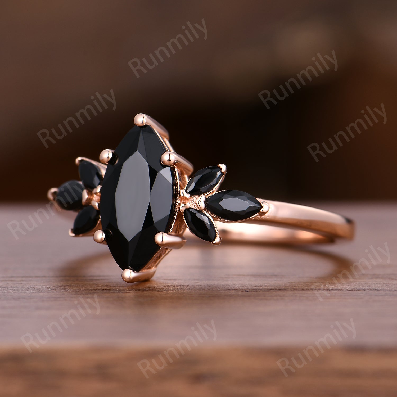 Marquise Cut Black Onyx Engagement Ring Rose Gold Ring Unique Black Onyx Cluster Wedding Ring For Women Marquise Black Spinel Wedding Ring Vintage Black Gemstone Promise Ring