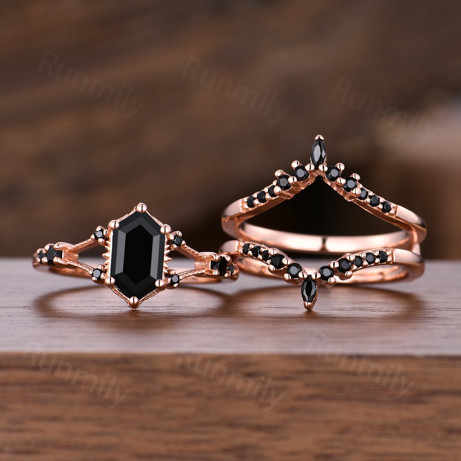 Unique Black Onyx Engagement Ring Set For Women Elongated Hexagon Gemstone In Rose Gold Art Deco Double Curved Bridal Promise Ring Set