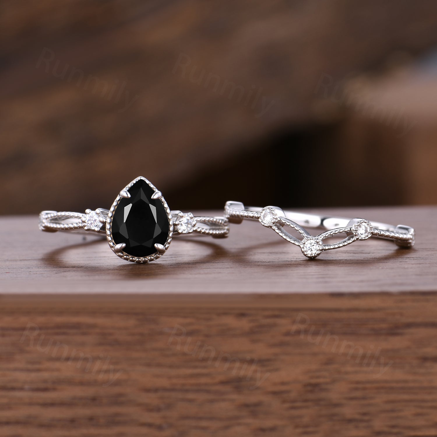 Pear Shaped Black Onyx Engagement Ring Set: Unique Silver Art Deco Milgrain Wedding Anniversary Ring