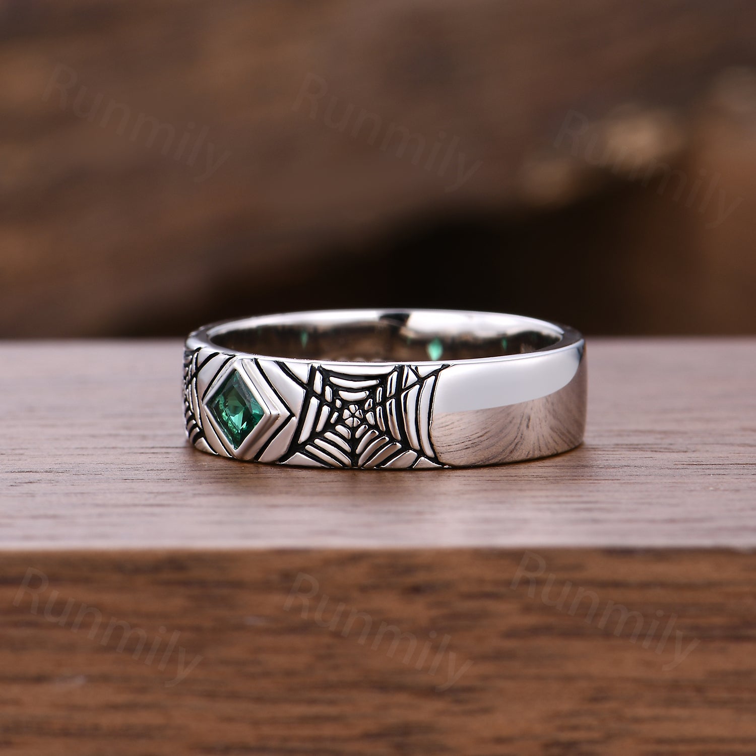 Vintage Spider Web Mens Engagement Ring Princess cut Emerald Wedding Band Gothic Wedding Ring For Husband/ Mens Platinum Ring