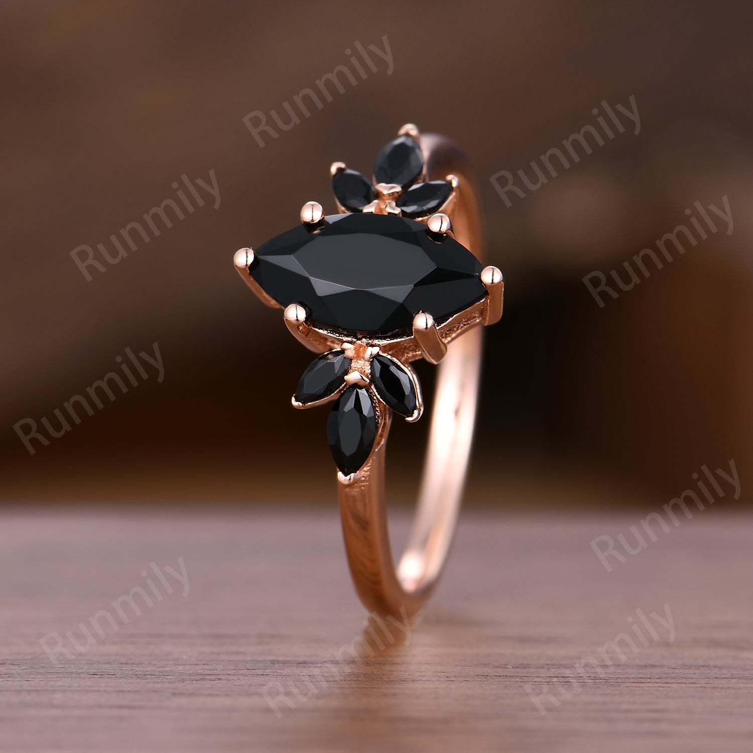 Marquise Cut Black Onyx Engagement Ring Rose Gold Ring Unique Black Onyx Cluster Wedding Ring For Women Marquise Black Spinel Wedding Ring Vintage Black Gemstone Promise Ring