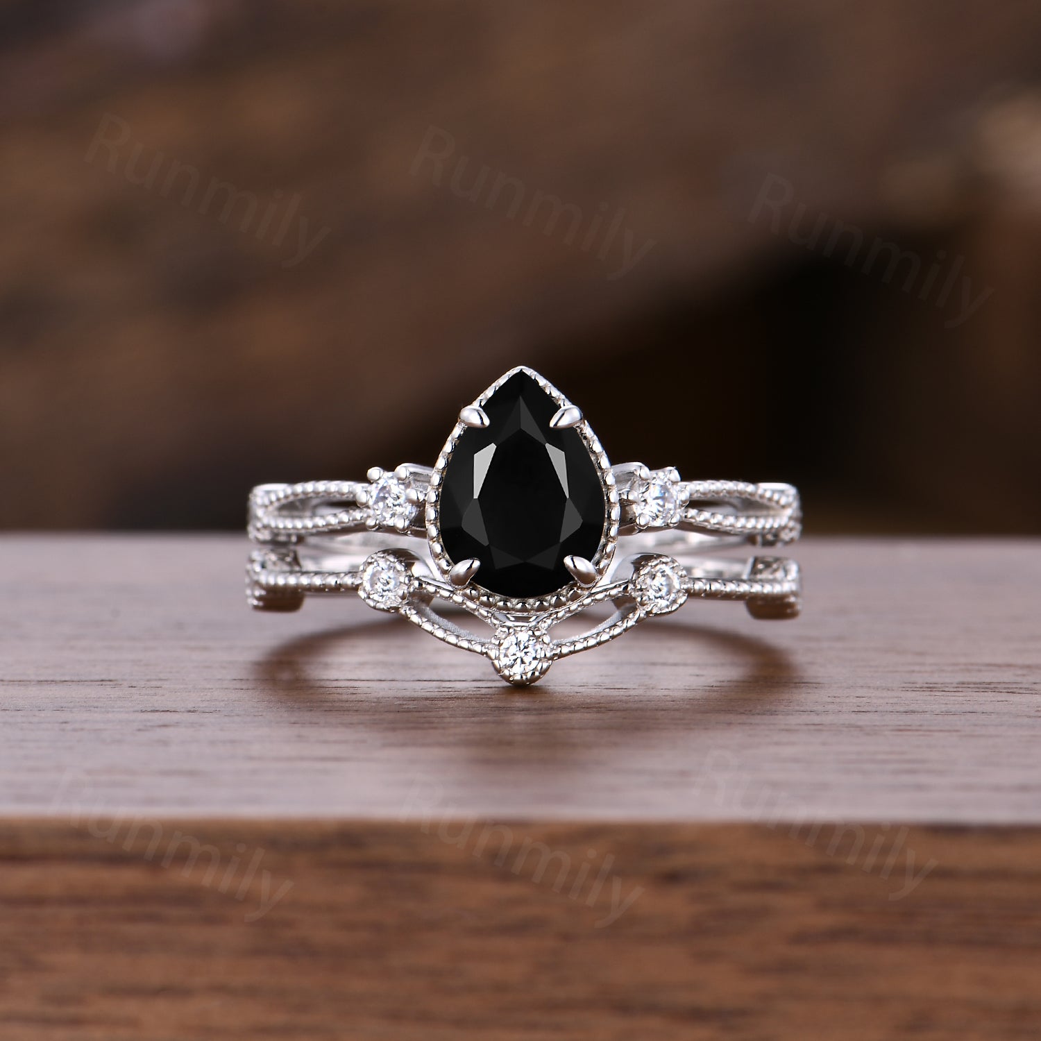 Pear Shaped Black Onyx Engagement Ring Set: Unique Silver Art Deco Milgrain Wedding Anniversary Ring