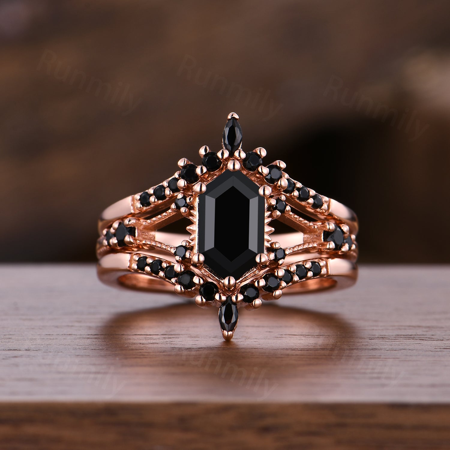 Unique Black Onyx Engagement Ring Set For Women Elongated Hexagon Gemstone In Rose Gold Art Deco Double Curved Bridal Promise Ring Set