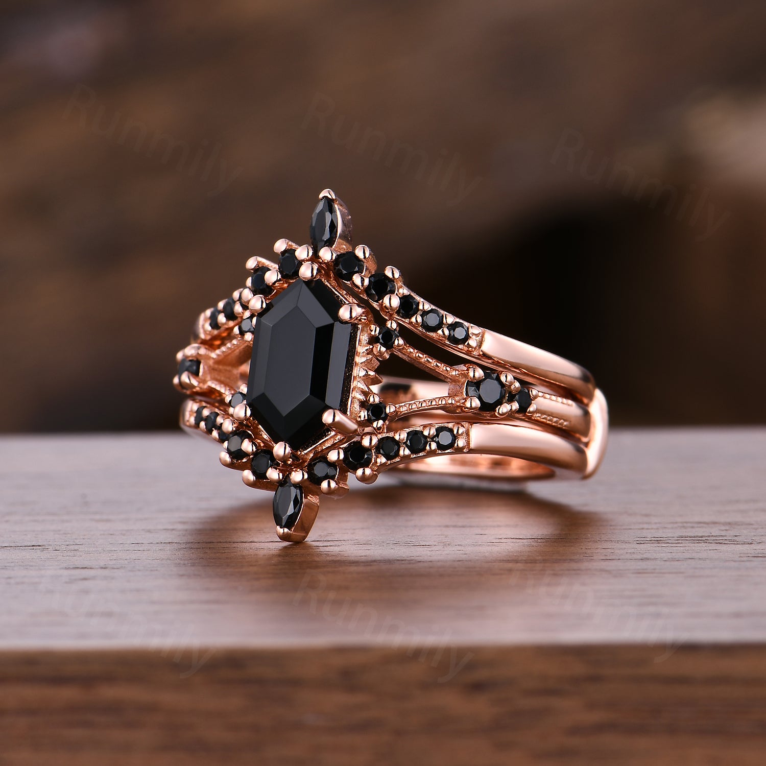 Unique Black Onyx Engagement Ring Set For Women Elongated Hexagon Gemstone In Rose Gold Art Deco Double Curved Bridal Promise Ring Set