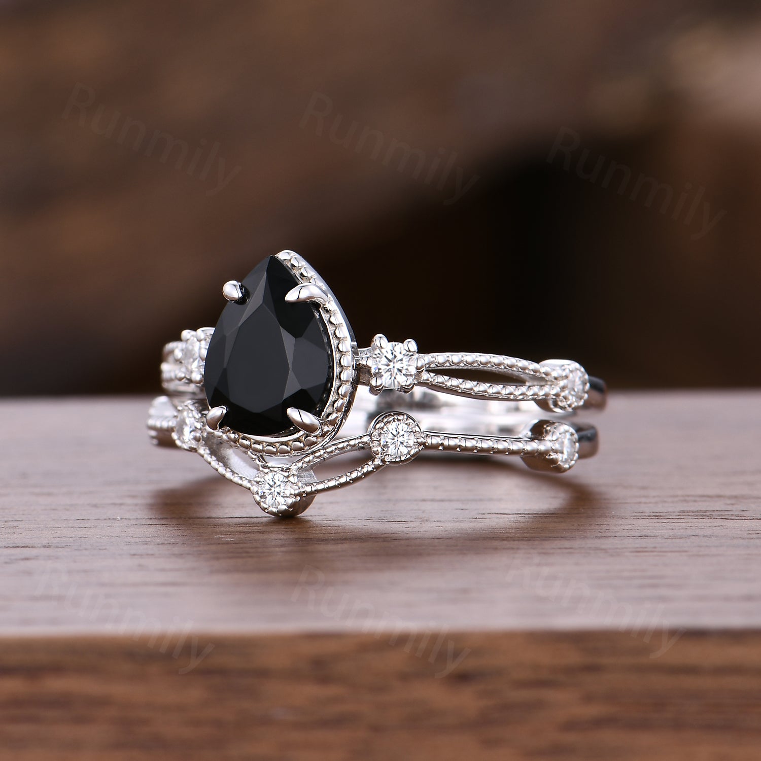 Pear Shaped Black Onyx Engagement Ring Set: Unique Silver Art Deco Milgrain Wedding Anniversary Ring